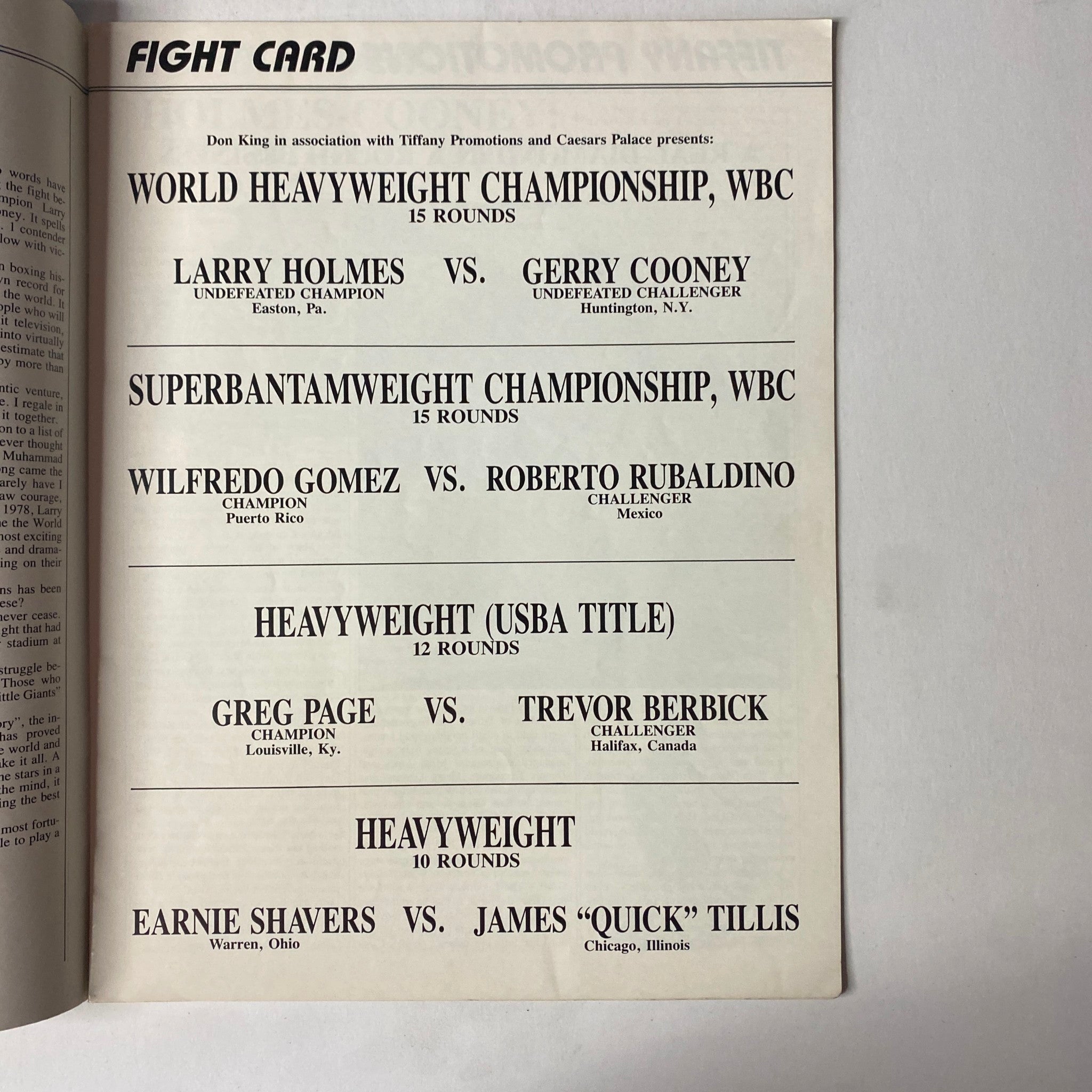 1982 Caesar's Palace Larry Holmes vs. Gerry Cooney Official Souvenir Program