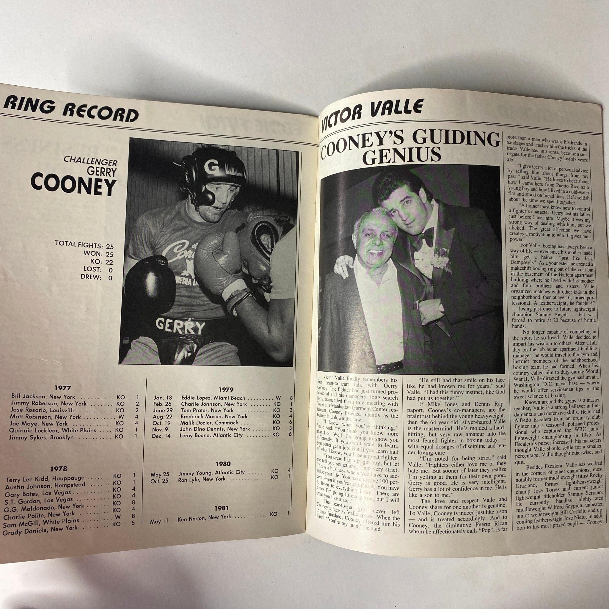 Official souvenir program for the 1982 Caesar's Palace boxing match featuring Gerry Cooney, showcasing Cooney's ring record and details about his boxing career.