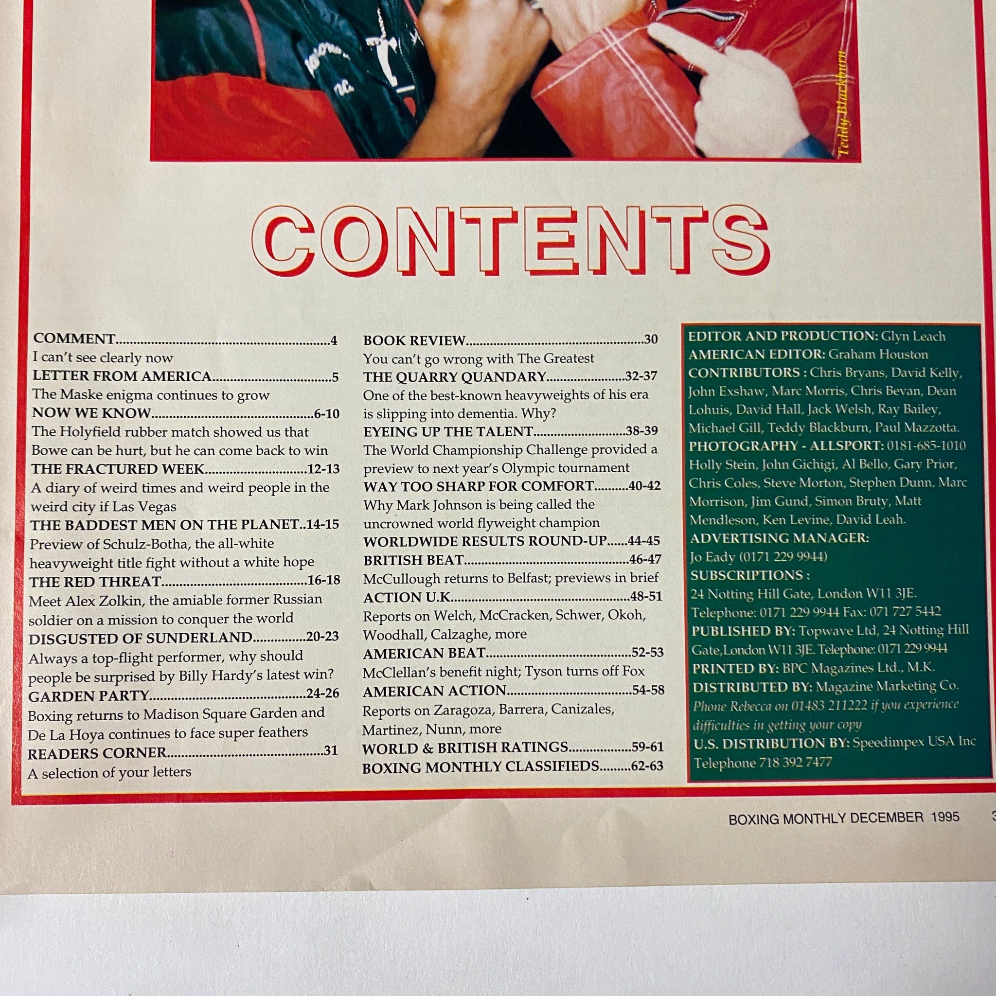 Contents page of Boxing Monthly Magazine December 1995, listing featured articles including comments on boxing, a book review, and various boxing statistics.