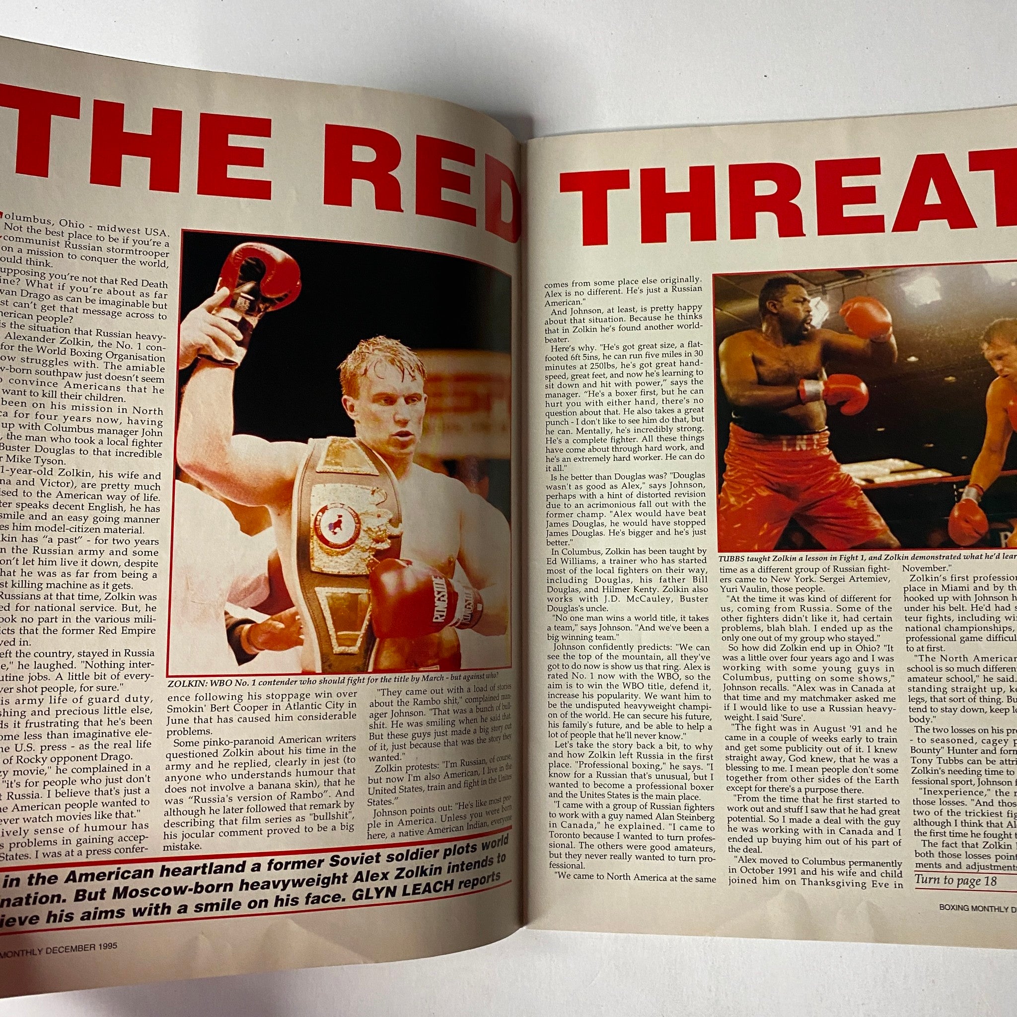 Open pages of Boxing Monthly Magazine December 1995 featuring an article titled 'The Red Threat' about boxer Alex Zolkin, showcasing a dynamic sports narrative.