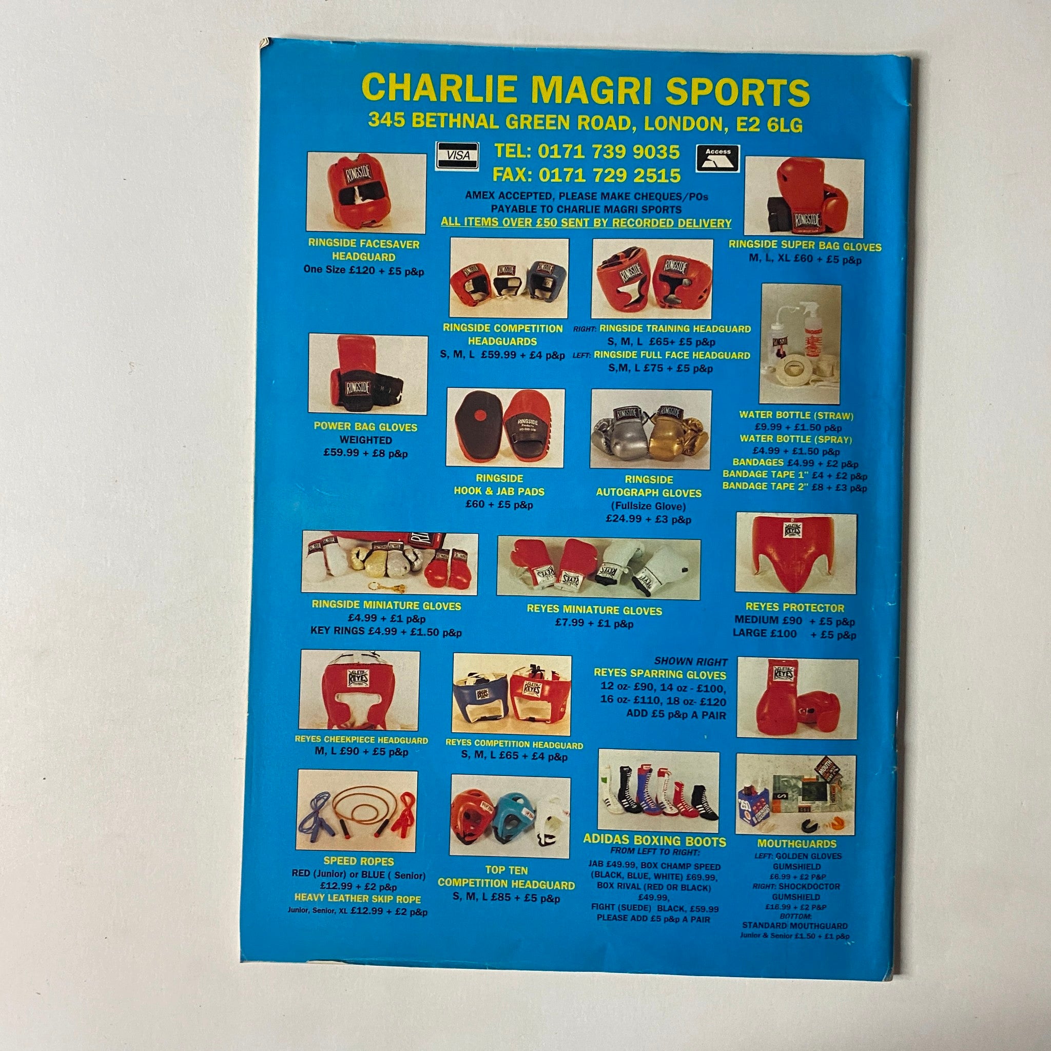 Advertisement page from Boxing Monthly Magazine December 1995 for Charlie Magri Sports, showcasing boxing equipment and gear available for purchase.