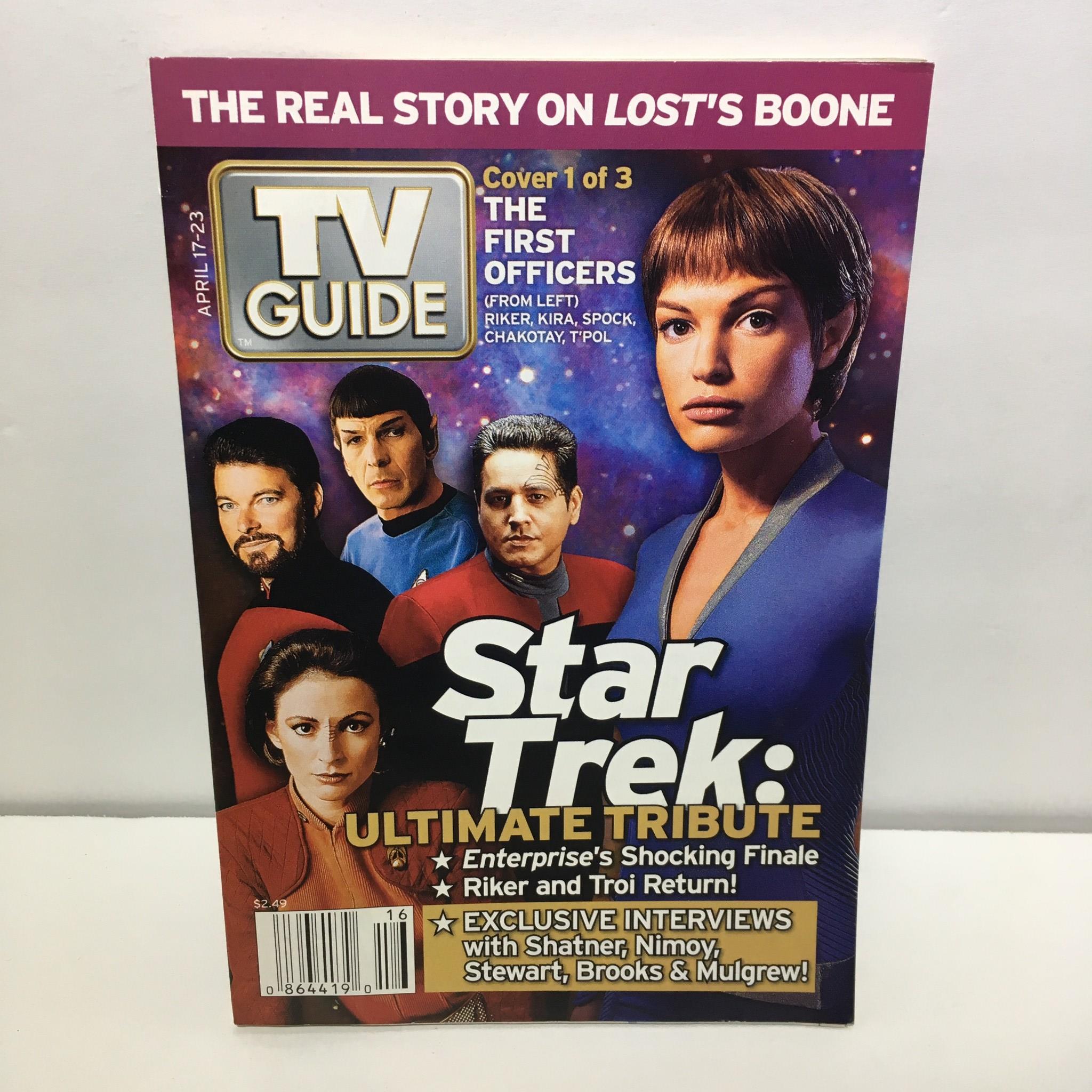 TV Guide from April 17-23, 2005, featuring Star Trek Ultimate Tribute cover showcasing first officers including Kirk, Spock, and Troi. Cover 1 of 3.