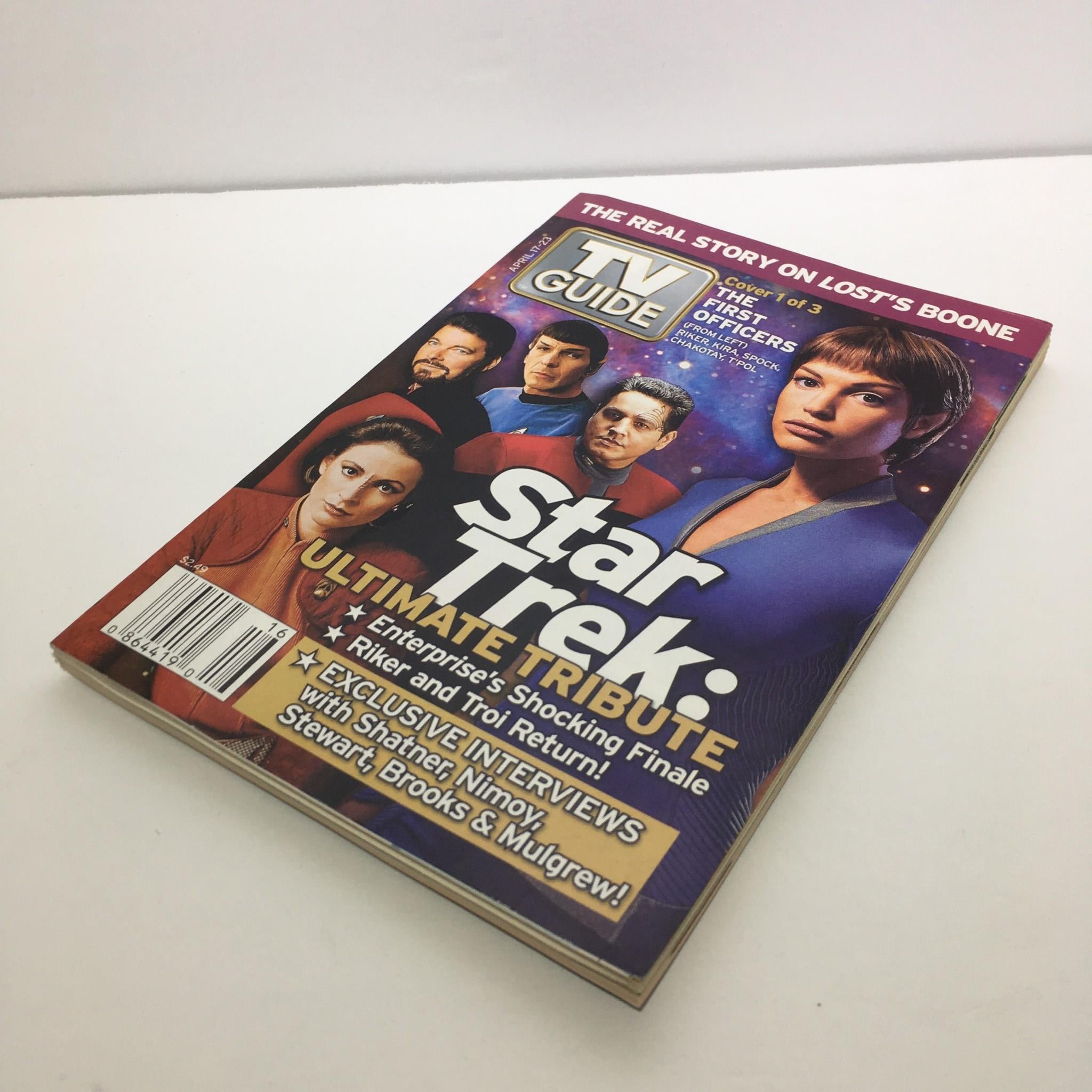 TV Guide magazine showcasing the Star Trek Ultimate Tribute cover with main cast members, featuring articles on the show's finale and exclusive interviews. TV Guide April 17-23 2005 Star Trek Ultimate Tribute Cover 1 of 3.