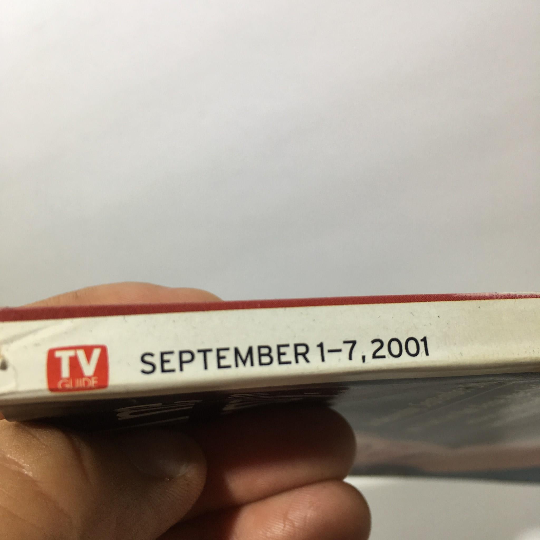 Side view of the TV Guide for Sept 1-7, 2001 displaying the publication date clearly printed.