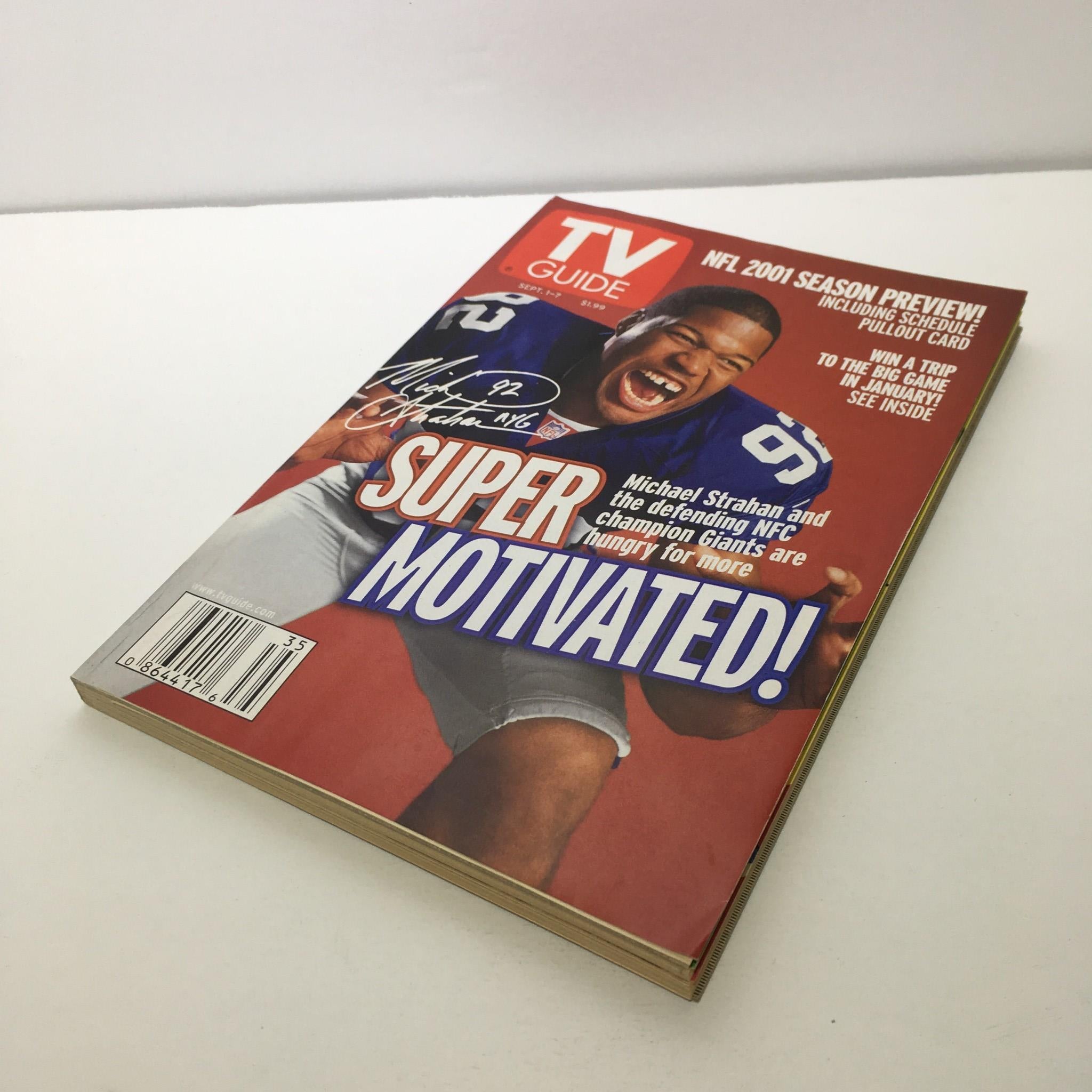 TV Guide Sept 1-7 2001 Michael Strahan Giants Cover showcasing the NFL 2001 season preview with a motivational headline.