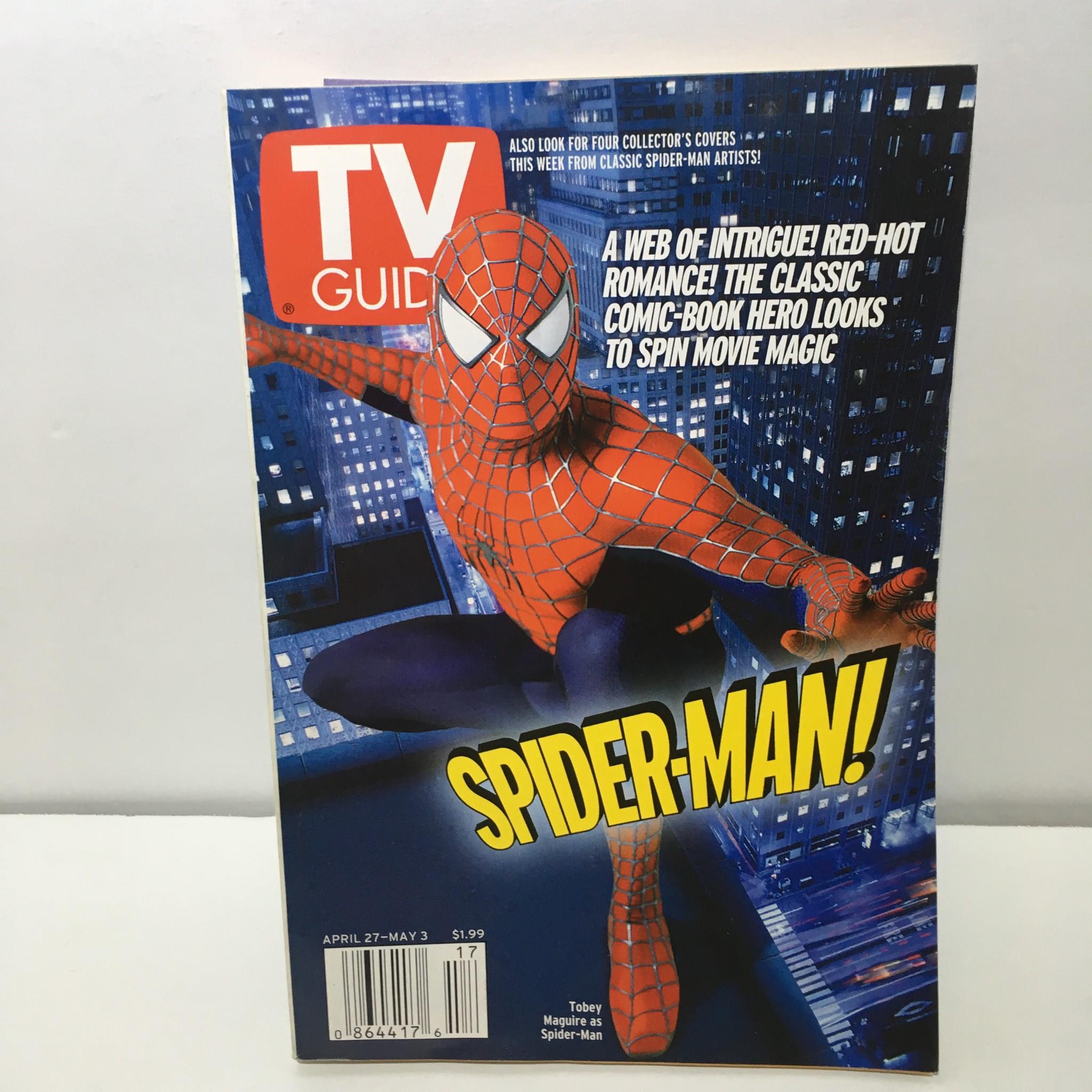 TV Guide cover featuring Spider-Man with Tobey Maguire. Issue dates April 27-May 3, 2002, showcasing Spider-Man in a dynamic pose in a cityscape.