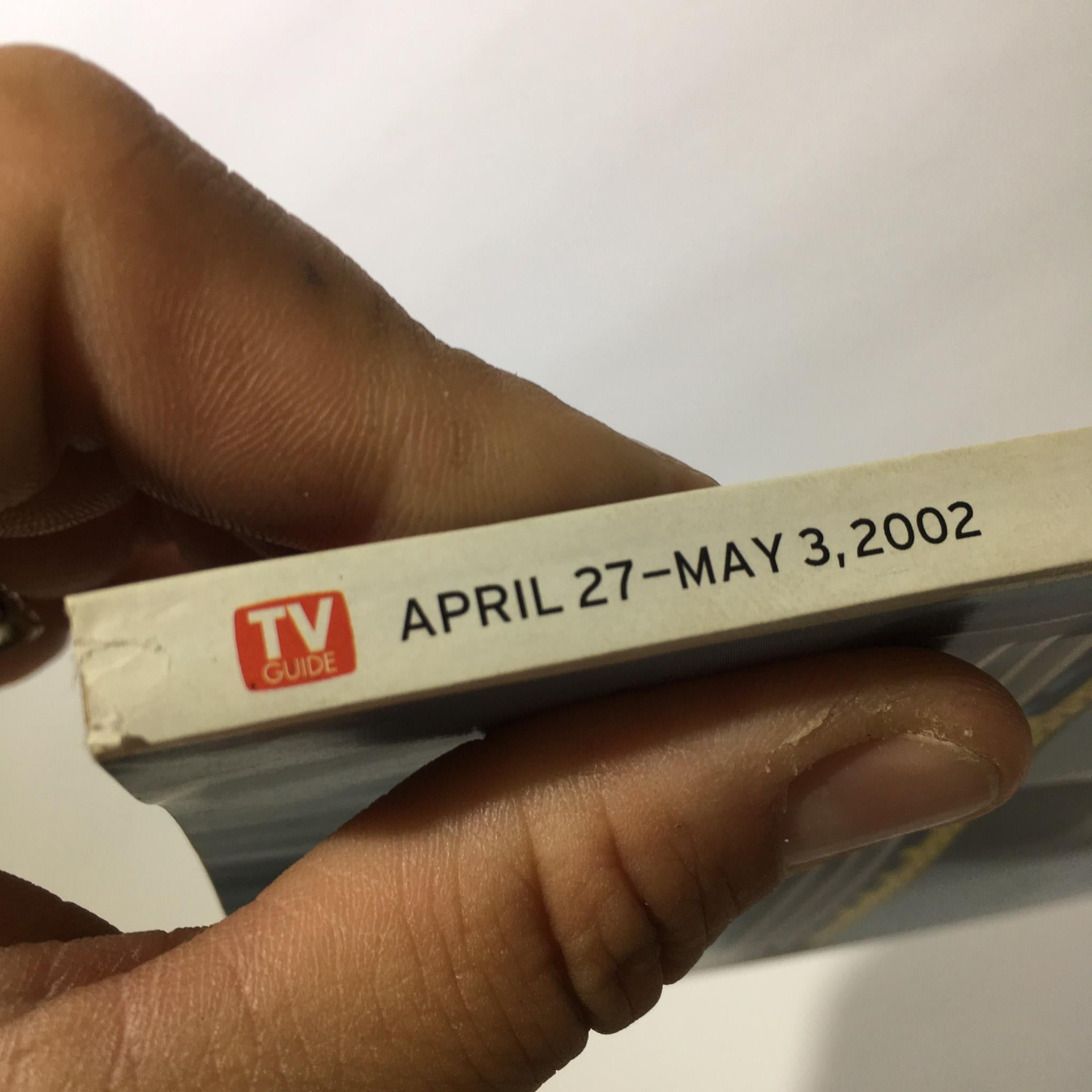 Spine of TV Guide magazine, displaying the title and issue dates April 27-May 3, 2002, featuring Spider-Man on the cover.