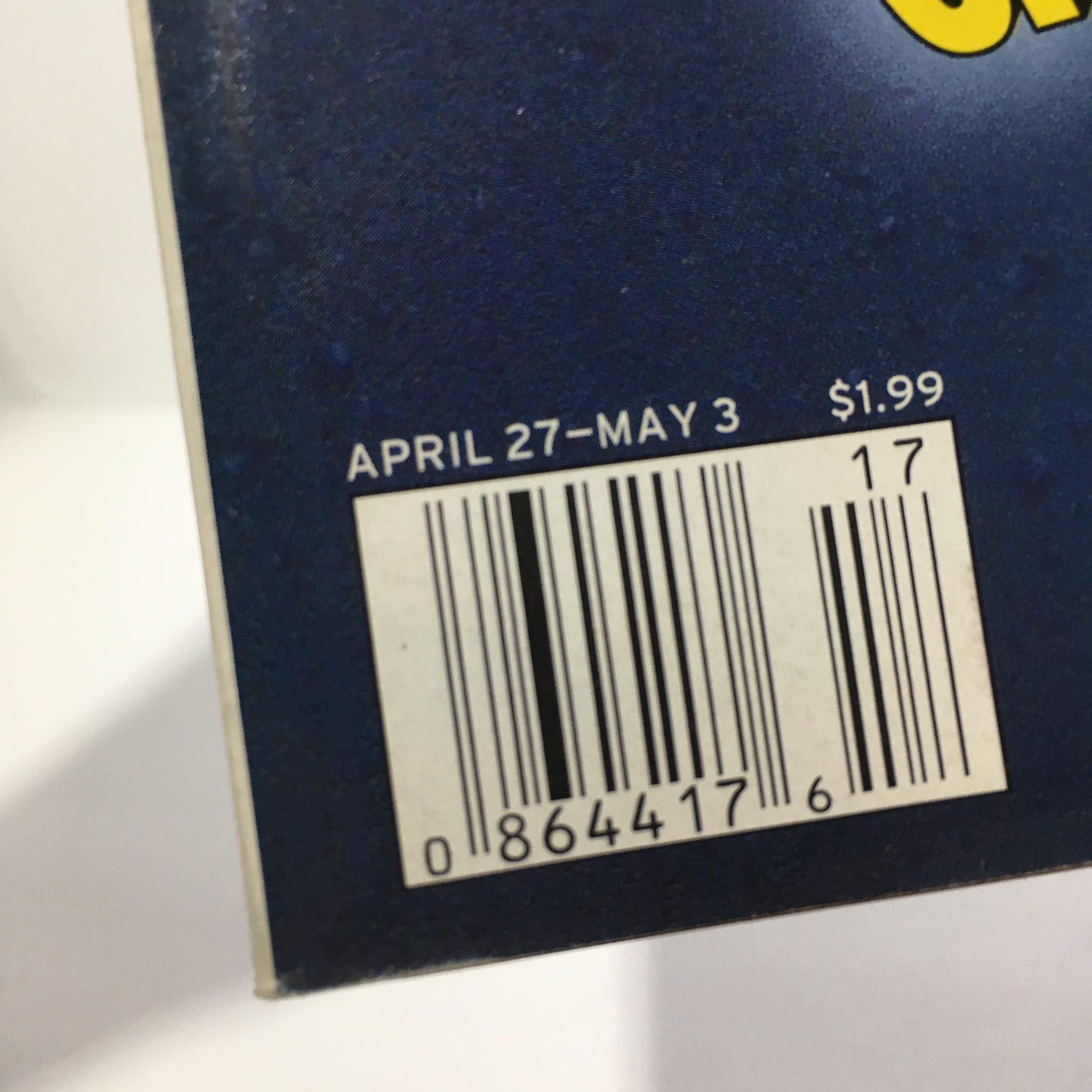 Back cover of TV Guide, showing a barcode and the issue dates April 27-May 3, 2002, highlighting its price of $1.99 featuring Spider-Man.
