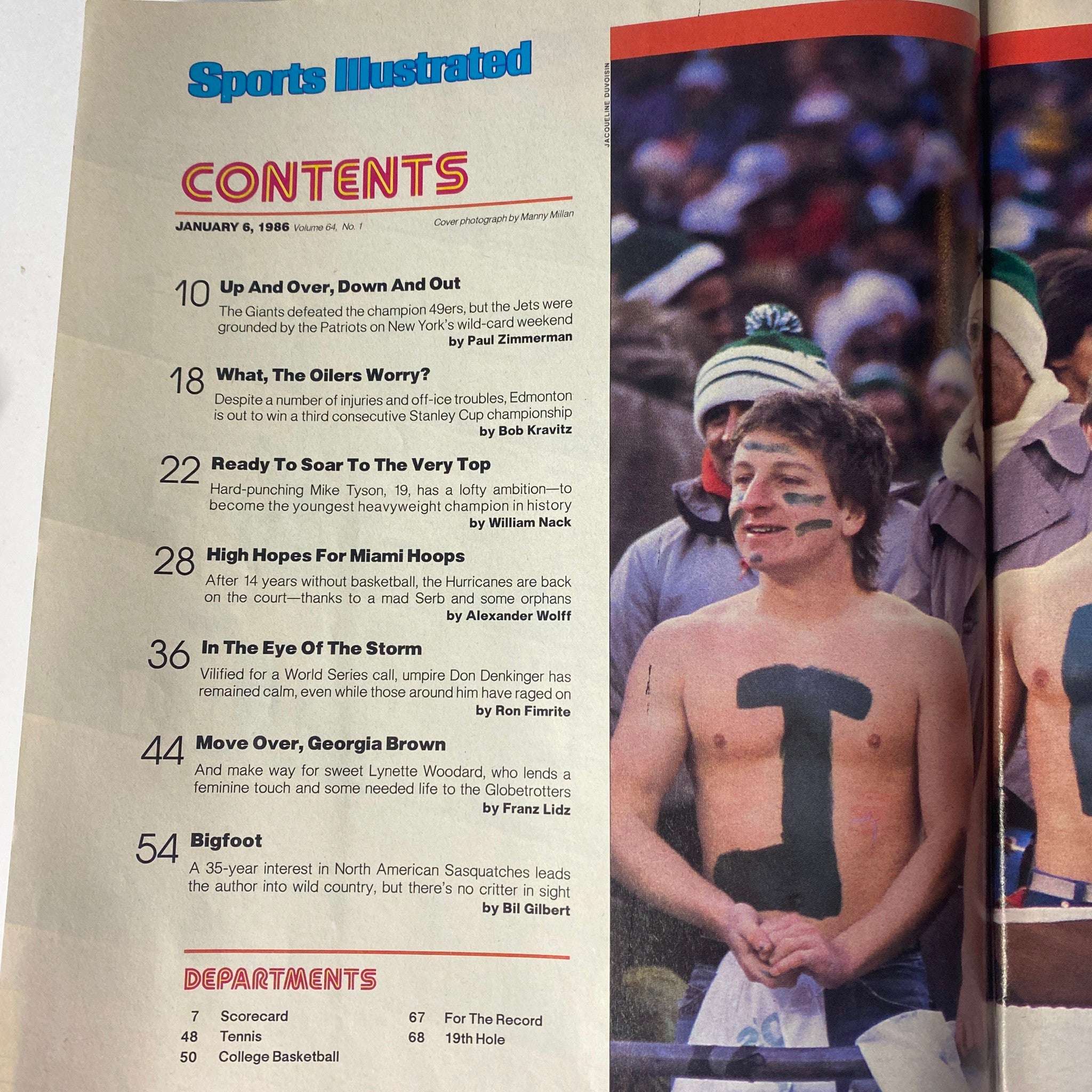 Contents page from Sports Illustrated Magazine January 6, 1986 featuring articles about Mike Tyson and NFL playoffs, highlighting significant sports events and figures.