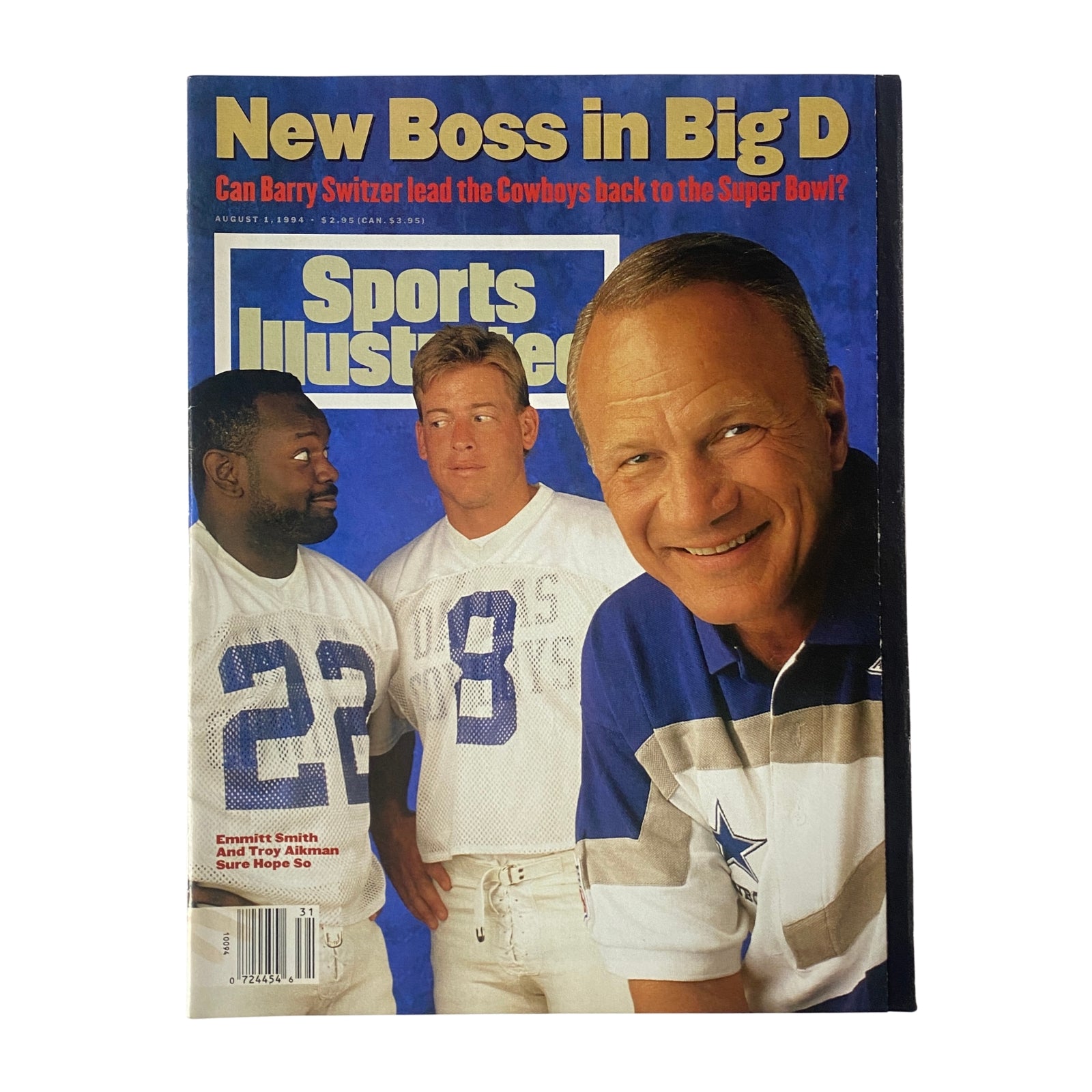 Cover of Sports Illustrated Magazine, August 1, 1994, featuring Emmitt Smith, Troy Aikman, and Barry Switzer with the title 'New Boss in Big D' discussing the Dallas Cowboys.