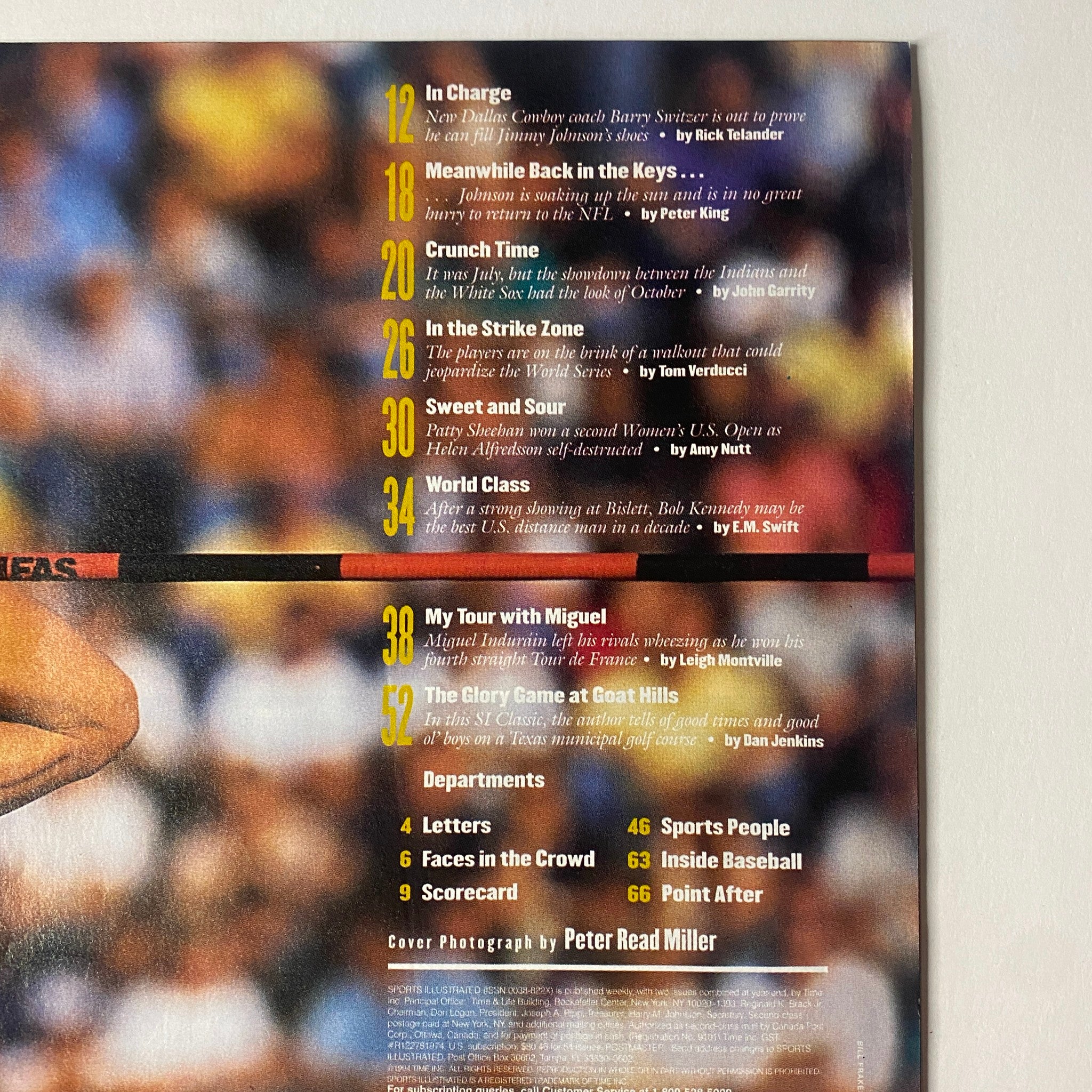Table of Contents page from Sports Illustrated Magazine, August 1, 1994, highlighting articles including 'In Charge,' 'Meanwhile Back in the Keys,' and 'In the Strike Zone.'