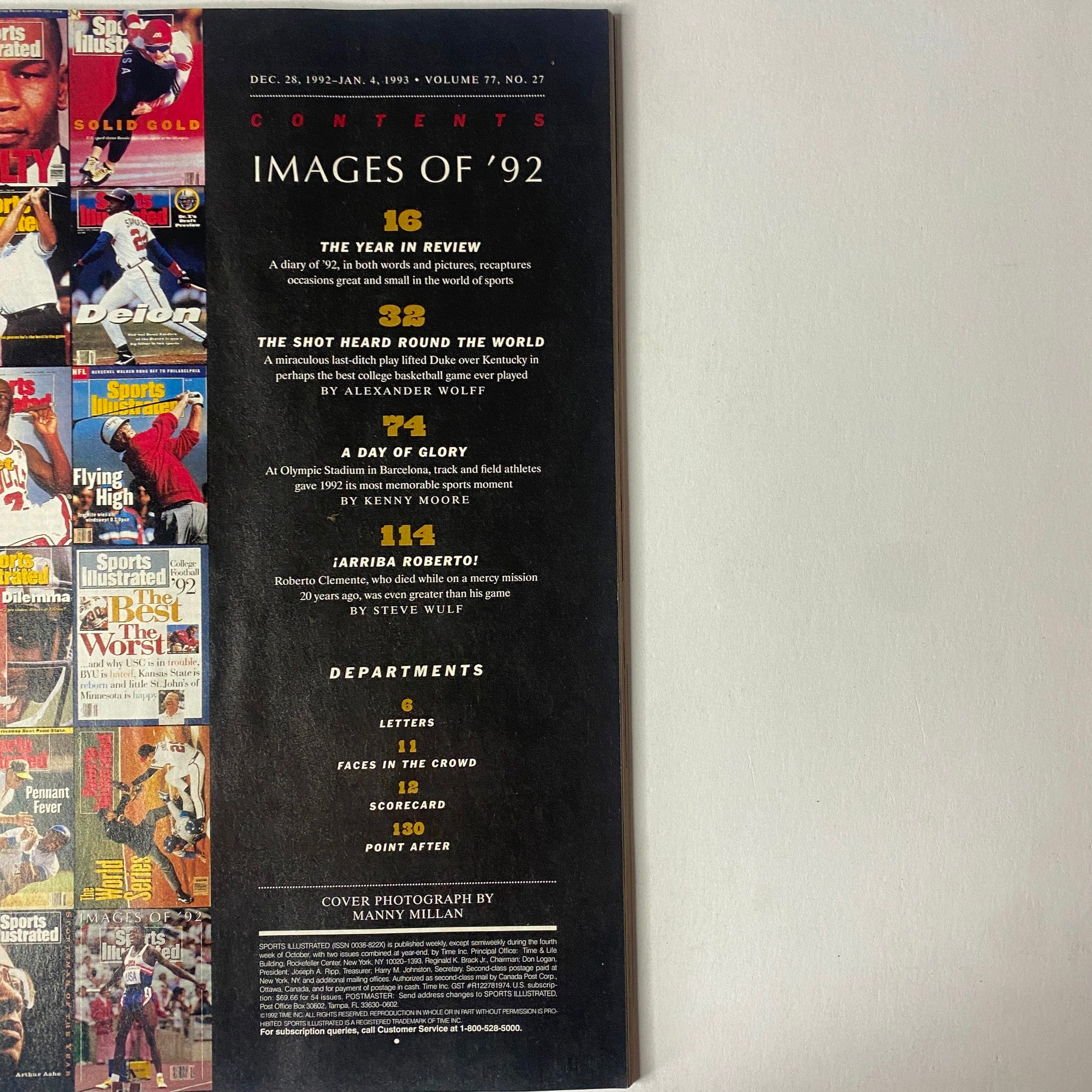 Table of contents from Sports Illustrated Magazine December 28, 1992 featuring 'The Year in Review', 'The Shot Heard Round the World', and 'A Day of Glory' articles.