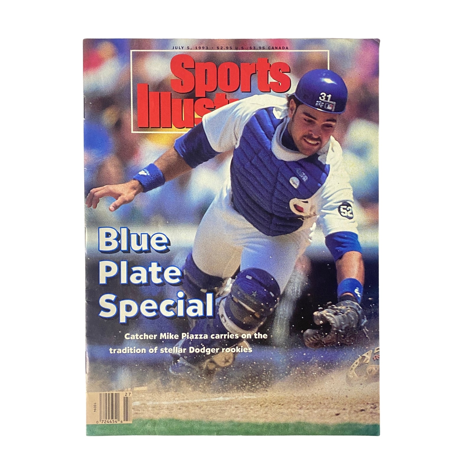 Sports Illustrated Magazine July 5, 1993 featuring Mike Piazza on the cover, capturing a moment from his rookie season, depicted in vibrant colors.