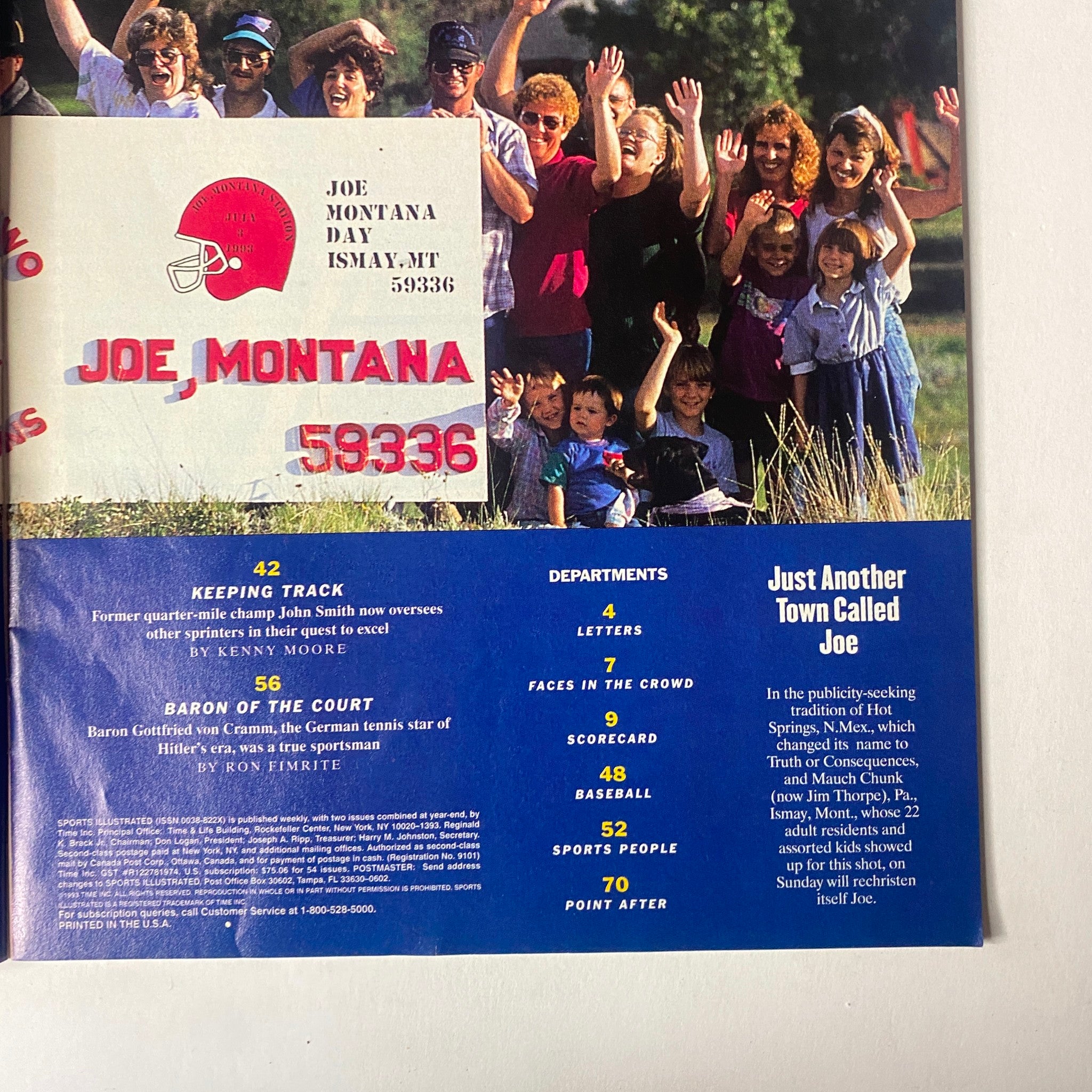 Back cover of Sports Illustrated Magazine July 5, 1993, showcasing a photograph from Joe Montana Day in Joe, Montana, with a group of people celebrating the event.