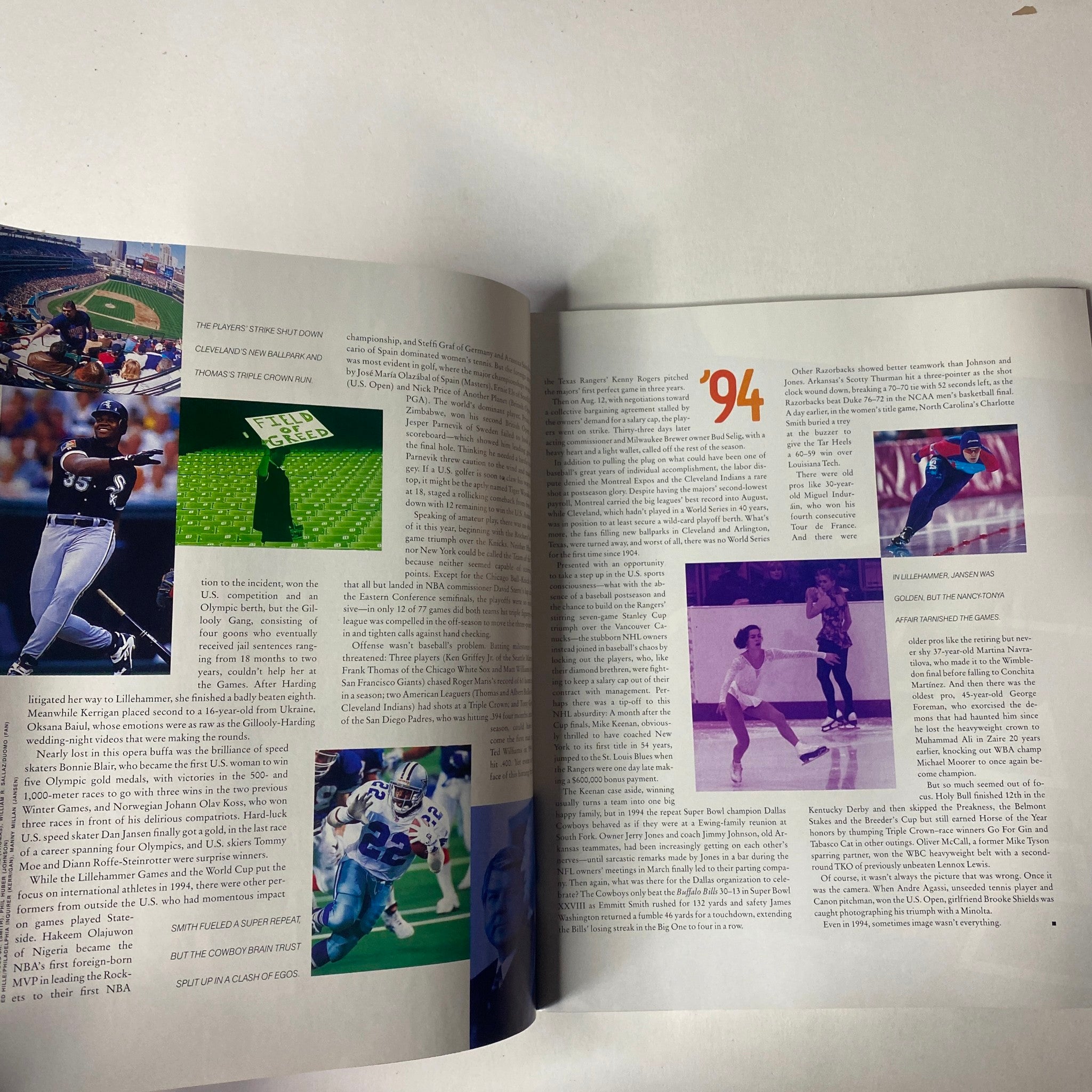 Inside spread of Sports Illustrated magazine 1994 Year in Pictures, highlighting various significant sports events of the year with images and text.