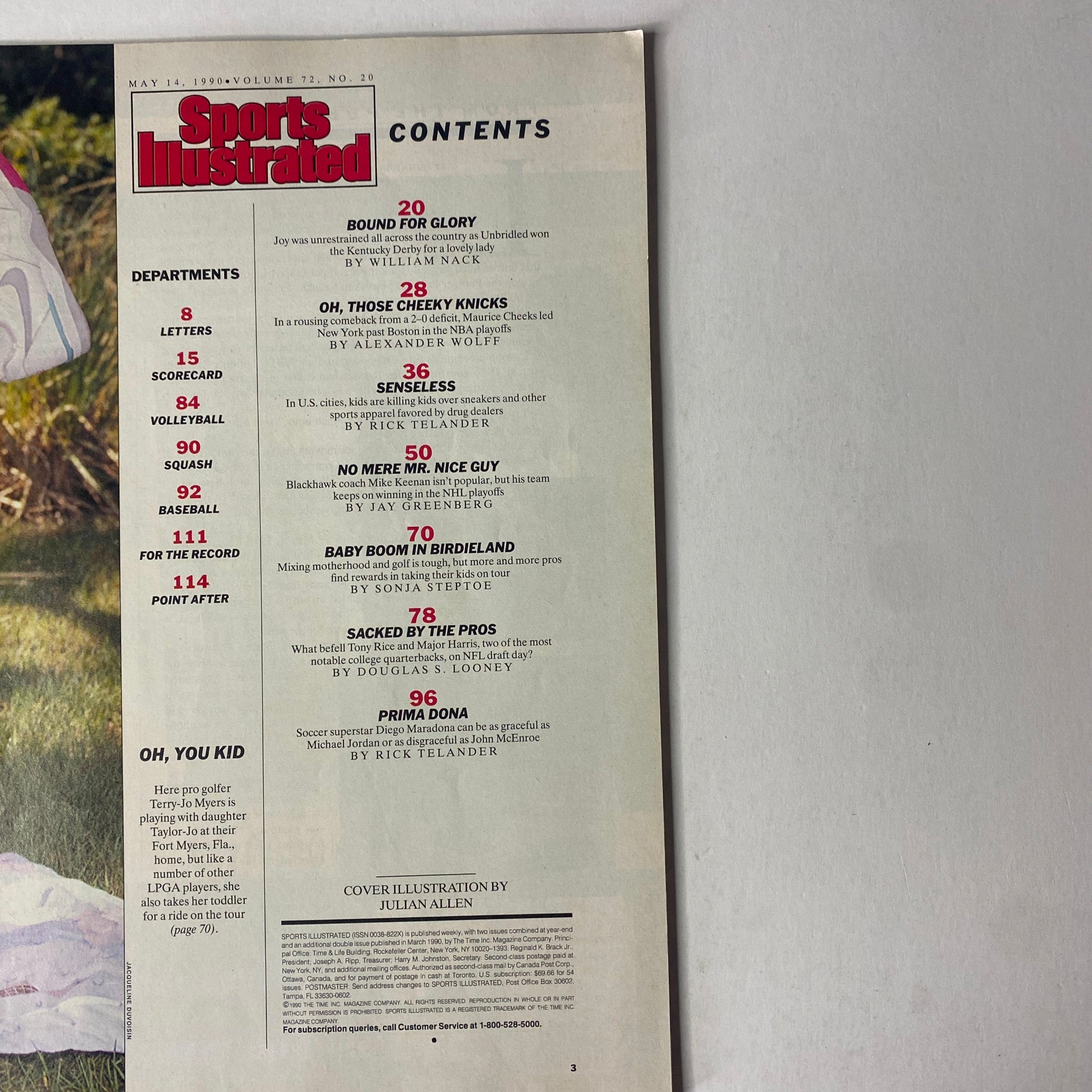 Table of contents from Sports Illustrated Magazine May 14, 1990 featuring articles such as 'Bound for Glory' and 'Senseless'.