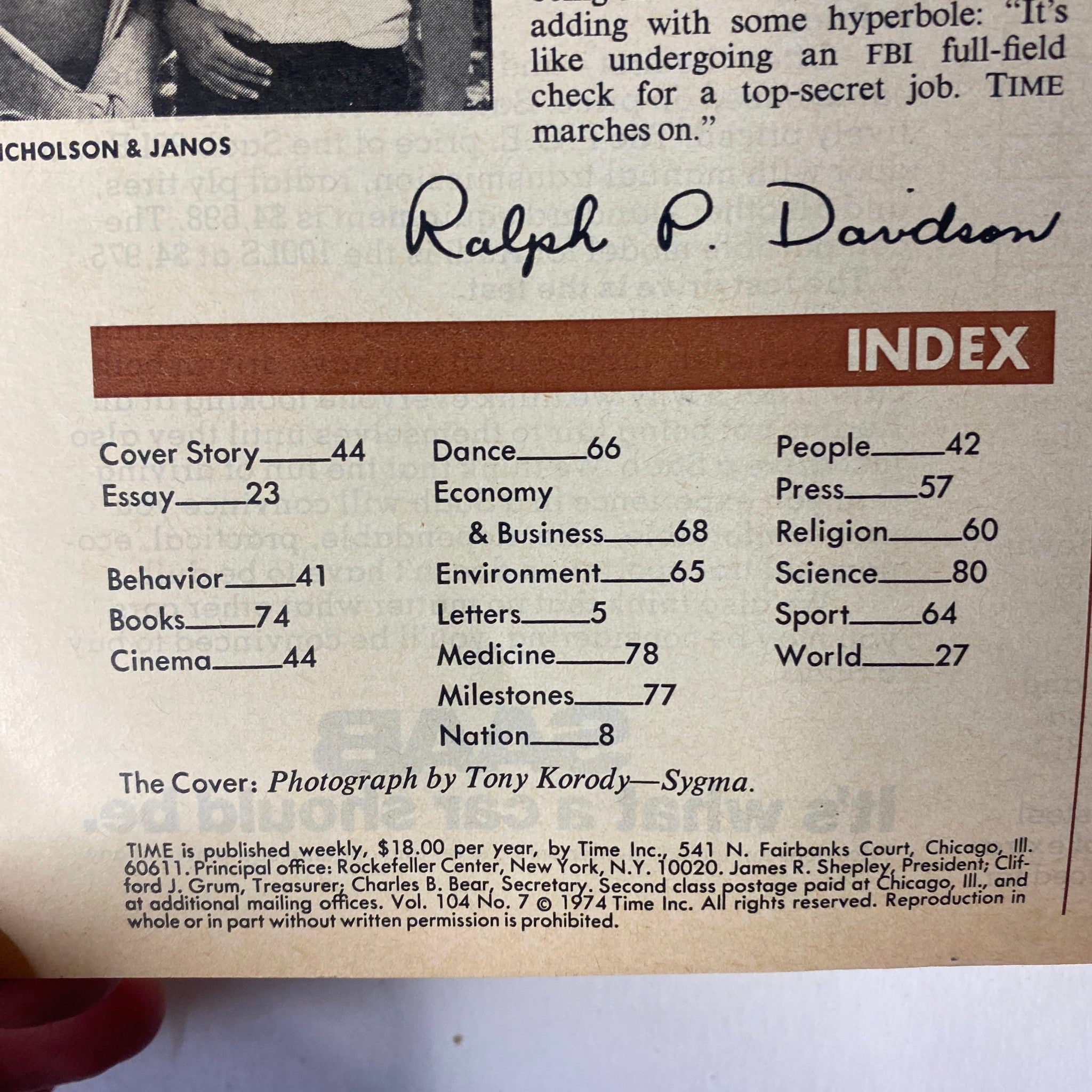 Back cover of Time Magazine August 12, 1974 showing the index of contents featuring sections like Dance, Environment, and Sport. The signature of Ralph P. Davidson adds a personal touch to this vintage publication.
