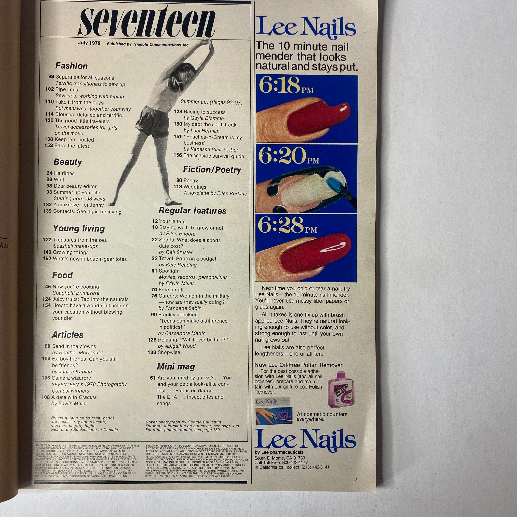 Inside page of Seventeen Magazine July 1979, displaying sections on Fashion, Beauty, Young Living, Food, and articles, emphasizing teen lifestyle content.