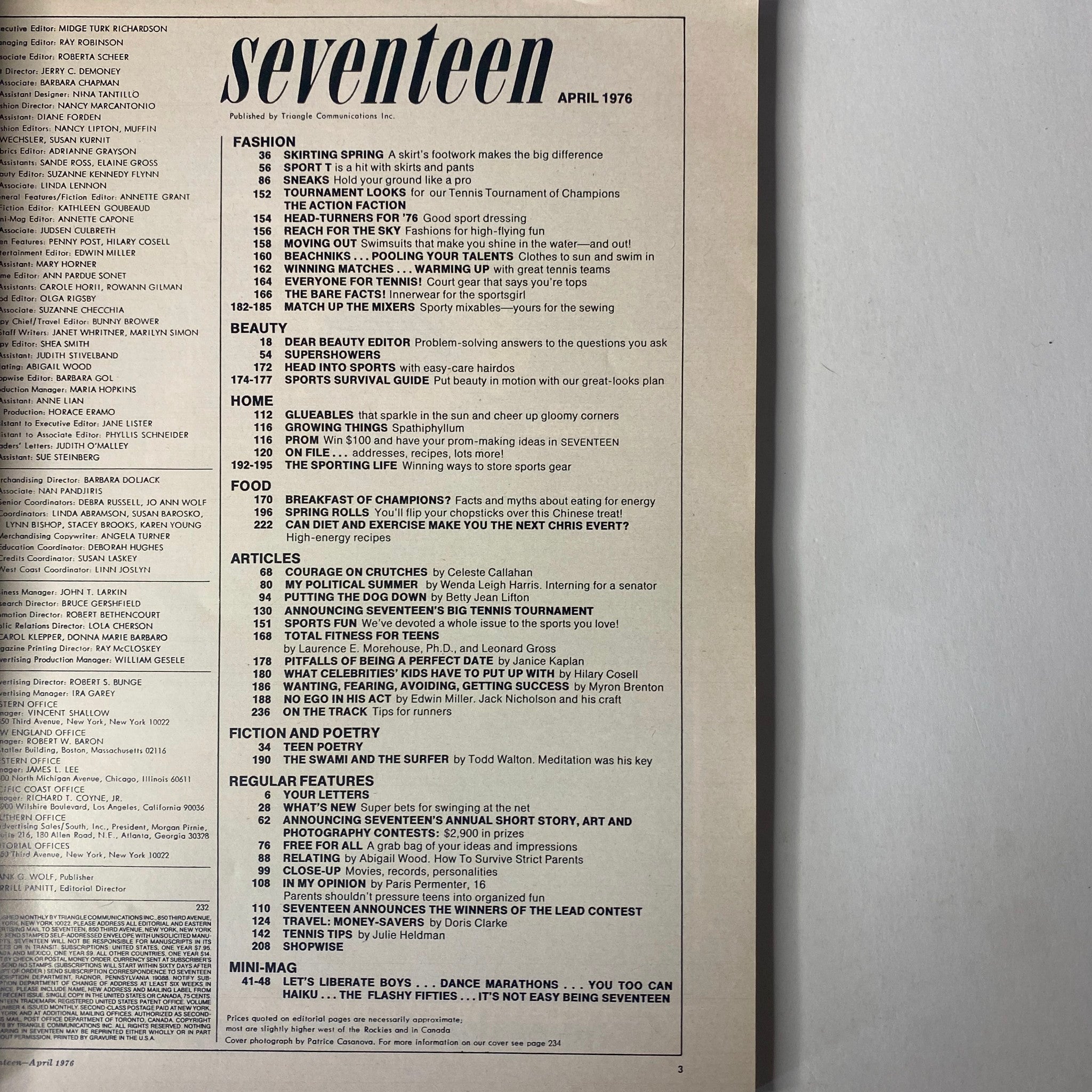 Seventeen Magazine April 1976 Table of Contents featuring articles on fashion, beauty, health, and lifestyle for teens, highlighting the cover story 'How To Survive Strict Parents' in very good condition.