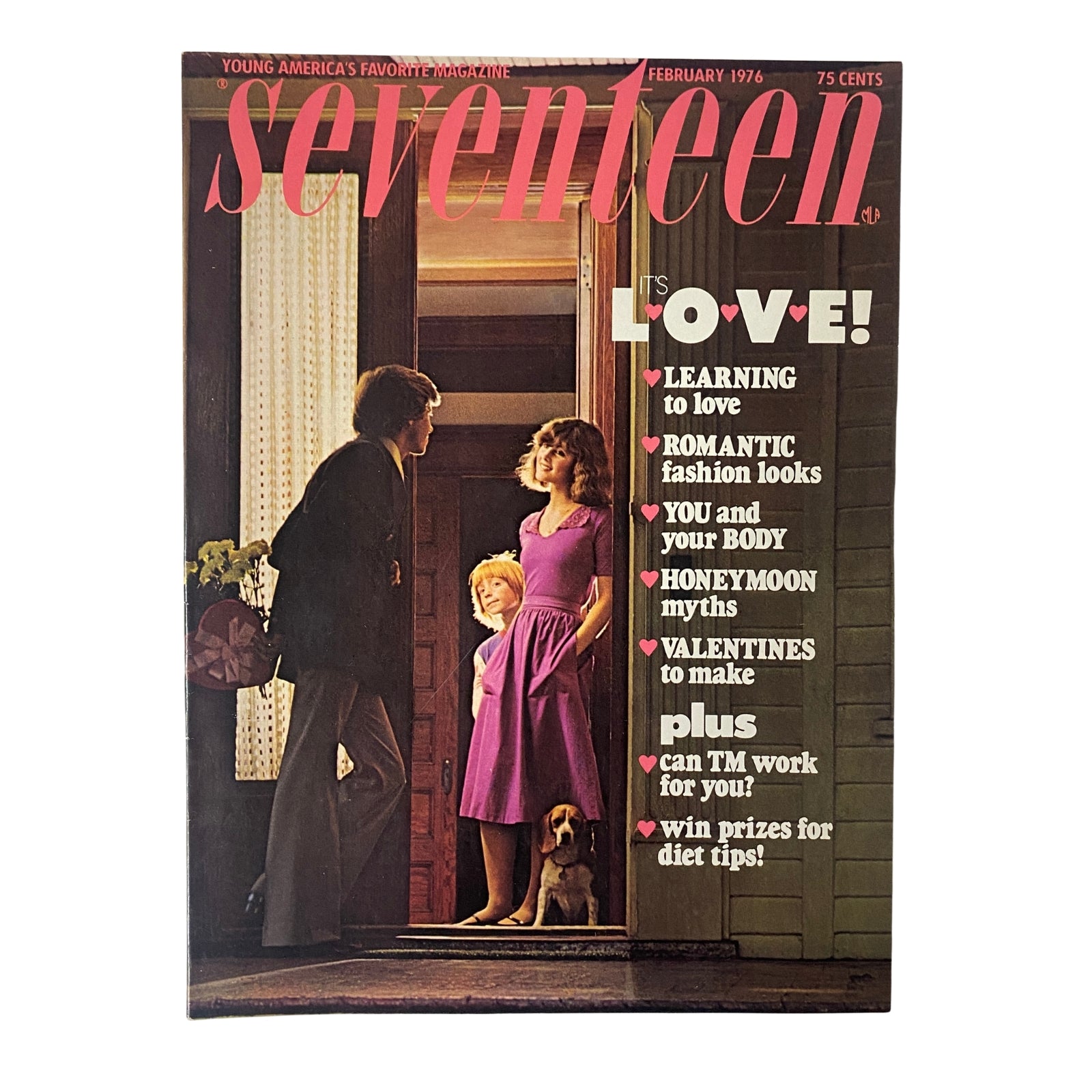 Seventeen Magazine cover from February 1976 titled 'Seventeen is Love!' featuring a family in a doorway; highlights romantic fashion looks and relationship topics.