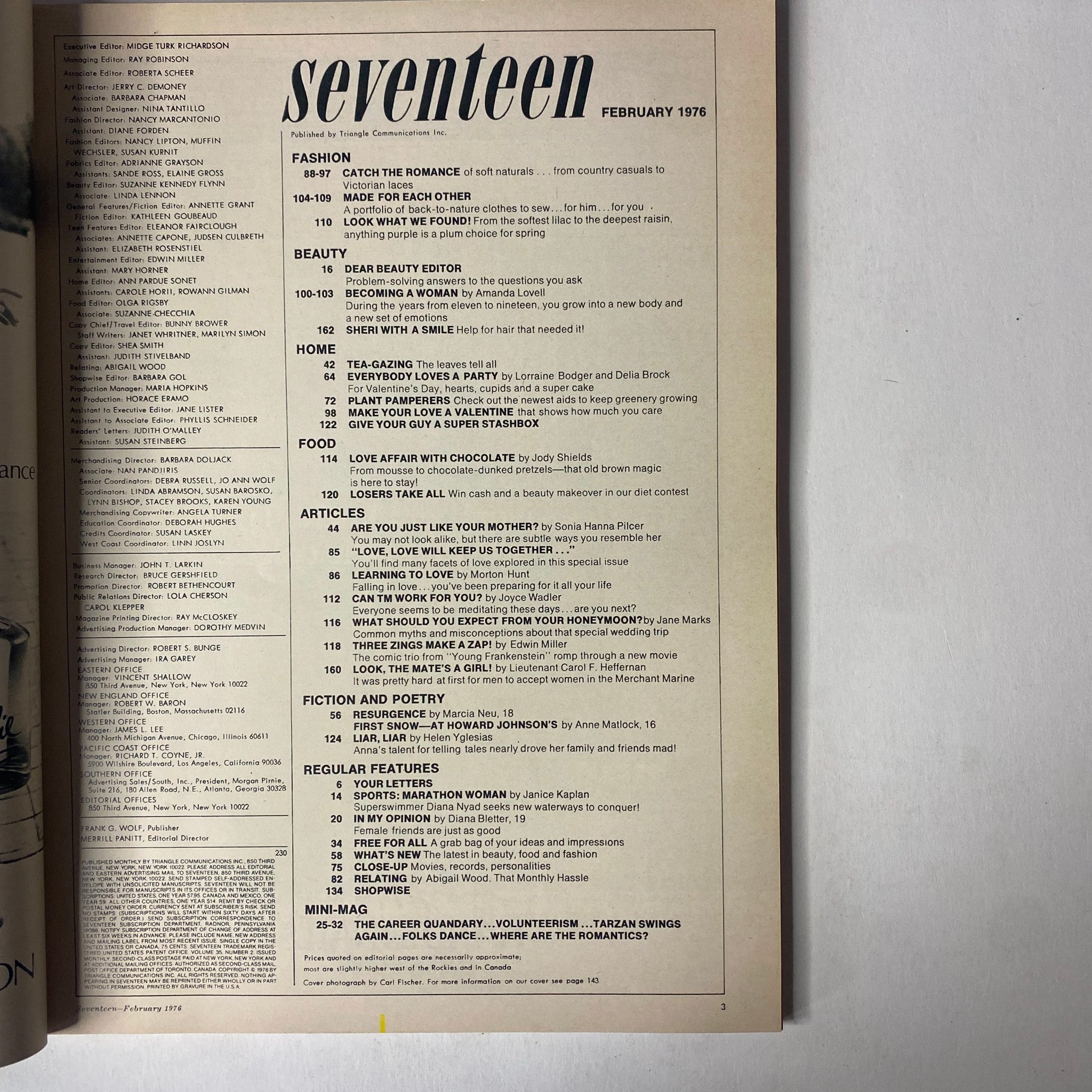 Contents page of Seventeen Magazine, February 1976; lists features including 'Learning to Love', 'Romantic Fashion Looks', and 'Honeymoon Myths'.