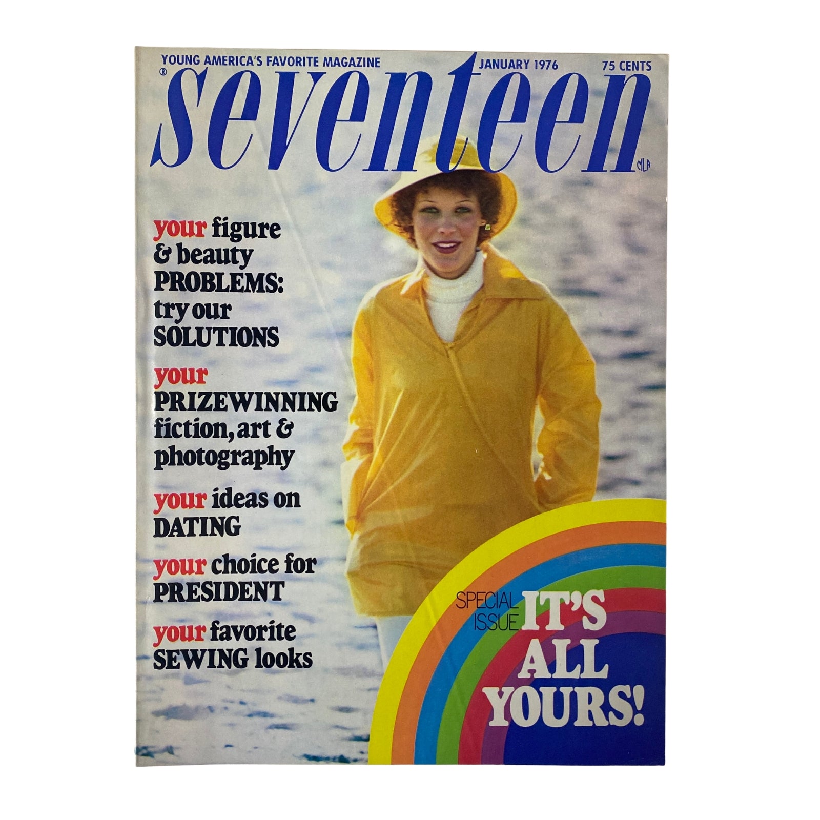 Cover of Seventeen Magazine January 1976 featuring a model in a yellow raincoat, highlighting the issue’s focus on fashion and beauty with the tagline 'It's All Yours'.