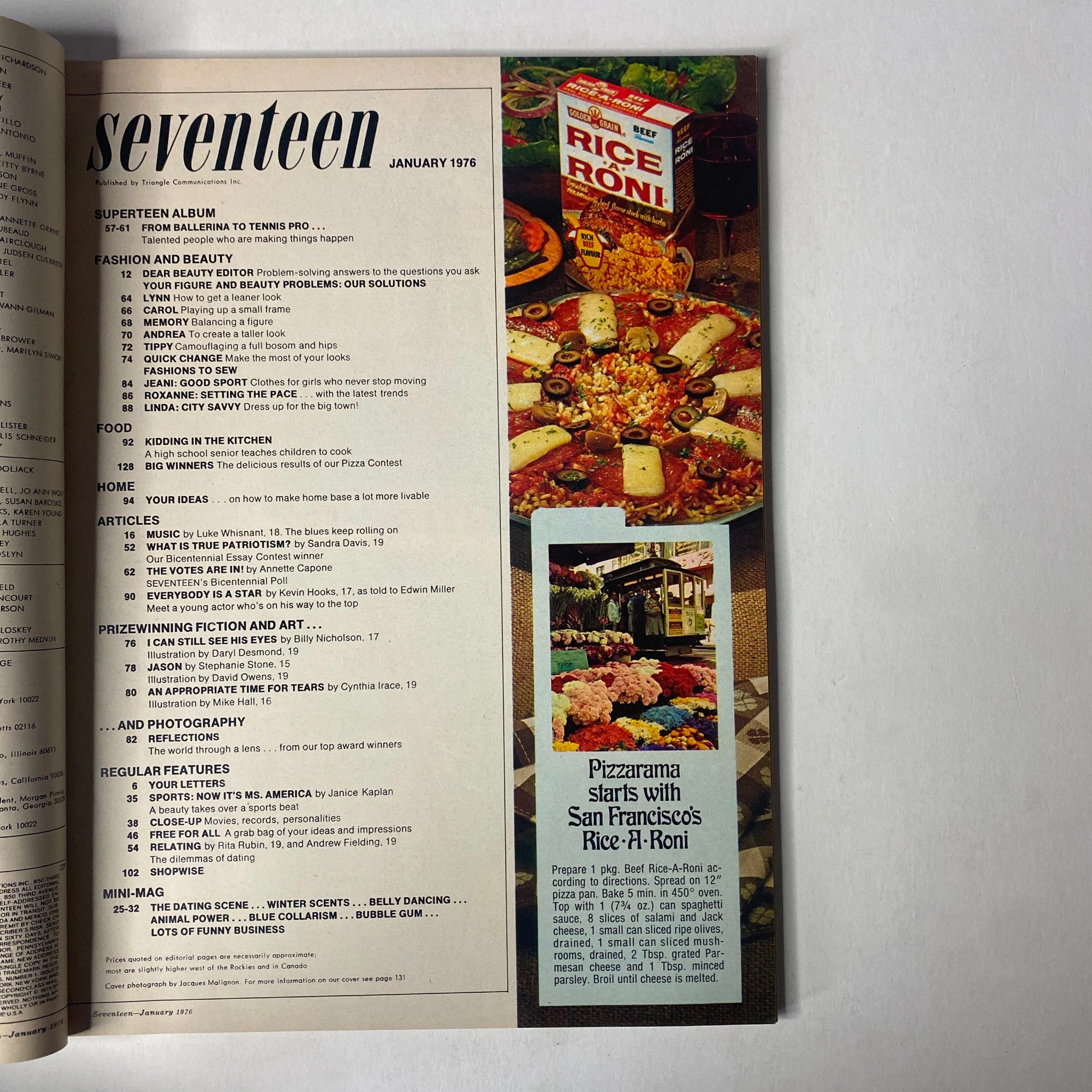 Inside page of Seventeen Magazine January 1976 displaying the table of contents, featuring sections on fashion, beauty, food, and articles, showcasing various topics in teen culture.