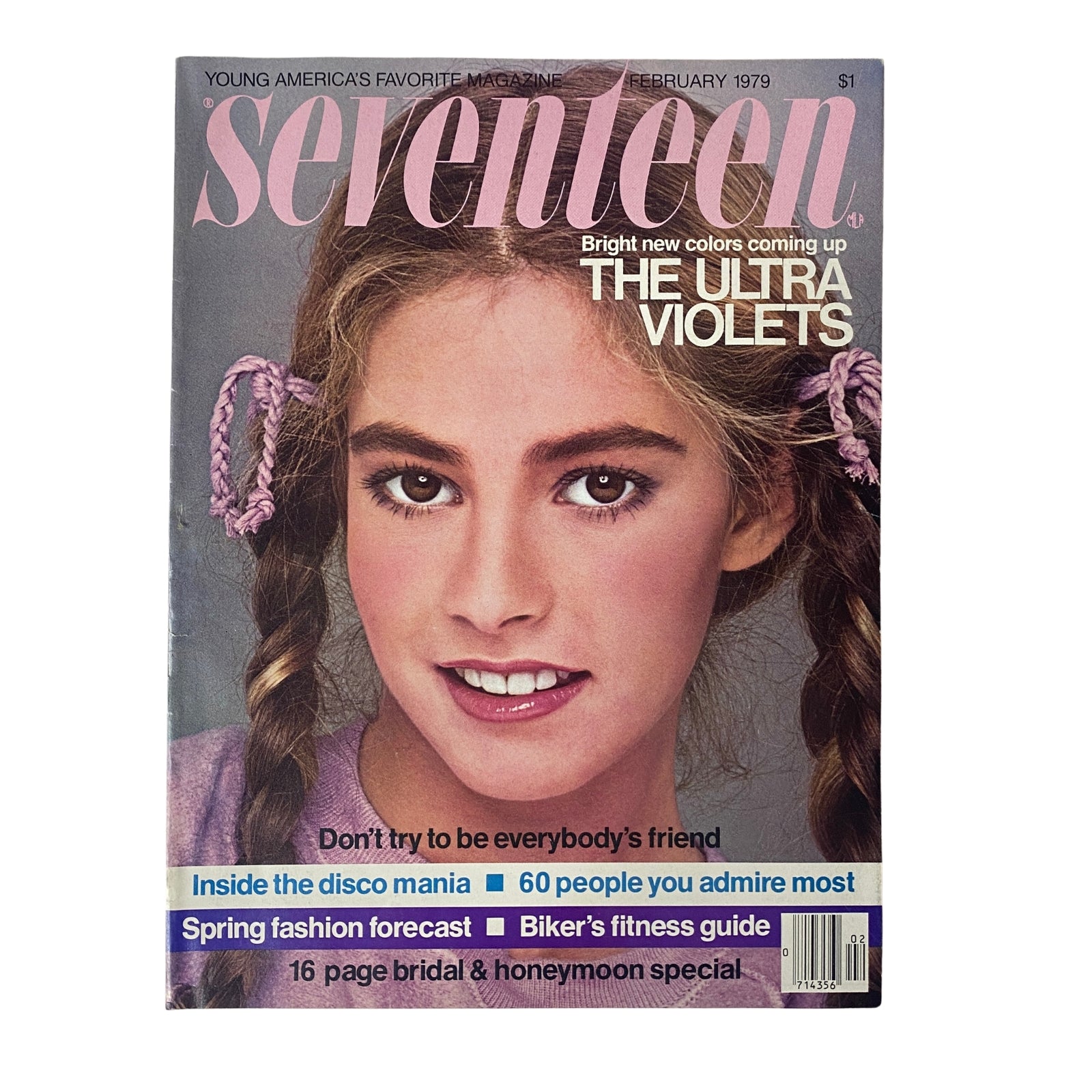 Cover of Seventeen Magazine February 1979 featuring the headline 'The Ultra Violets' and an image of a girl with two braids. Highlights the magazine's Spring Fashion Forecast and includes features on beauty and lifestyle.