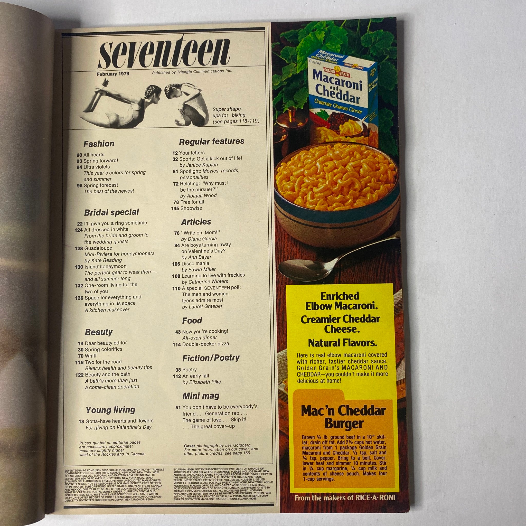 Interior page of Seventeen Magazine February 1979 showing the contents including sections on fashion, beauty, bridal special, and articles. The layout highlights the diverse topics covered in this issue.