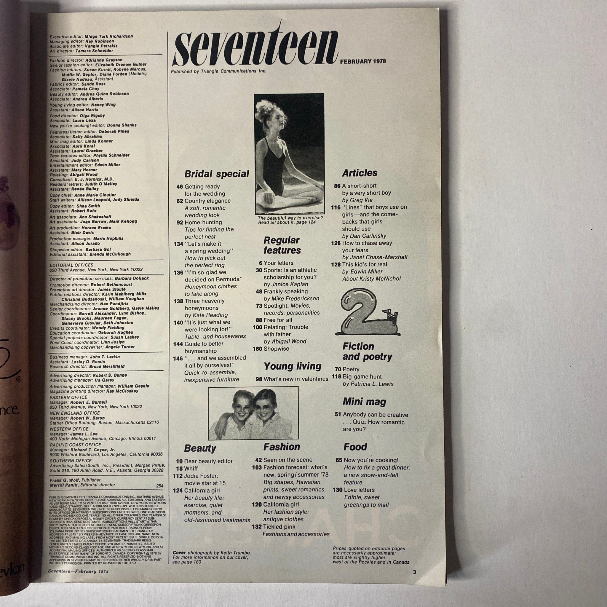 Interior page of Seventeen Magazine February 1978, displaying table of contents, including sections on bridal specials, beauty, fashion, and articles relevant to teenage readers.