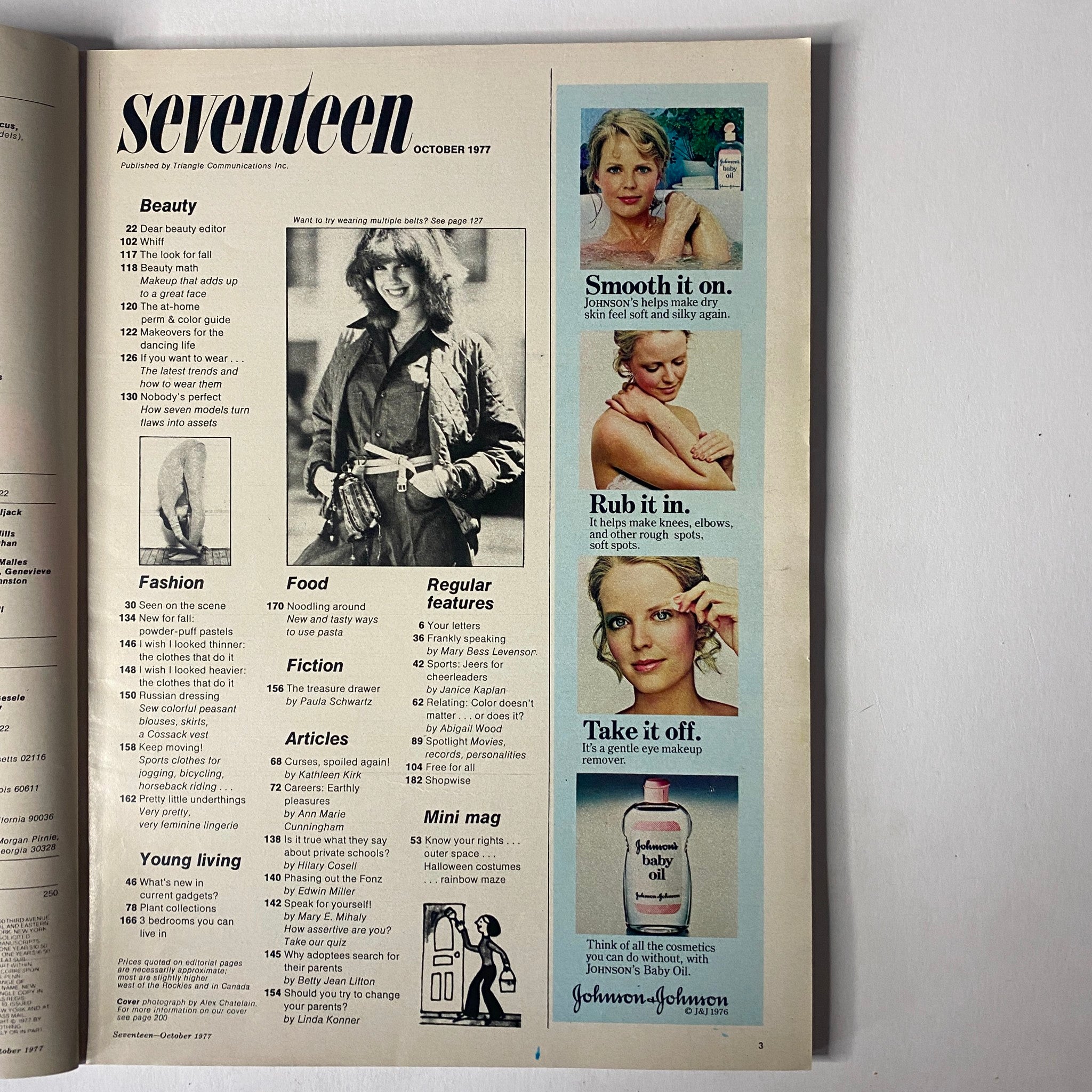 Inside page of Seventeen Magazine October 1977 Super Beauty Issue showcasing articles on beauty, fashion, and lifestyle with eye-catching visuals.