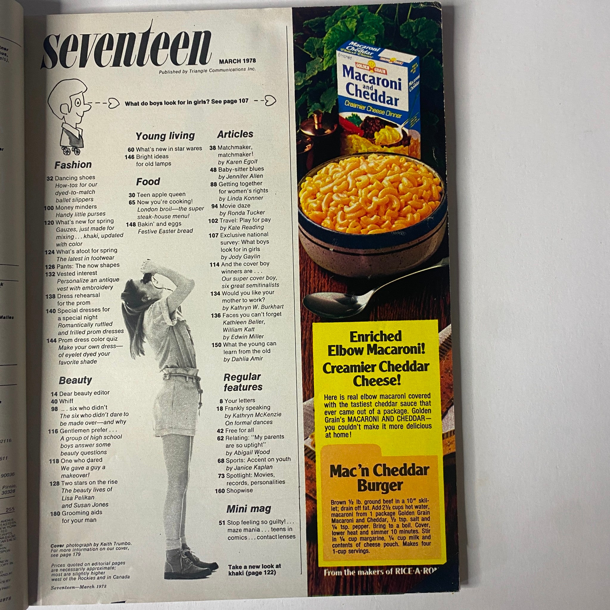 Interior page of Seventeen Magazine March 1978 showcasing articles on fashion, food, and beauty, along with a recipe for Macaroni & Cheddar, emphasizing the diverse content in this issue.