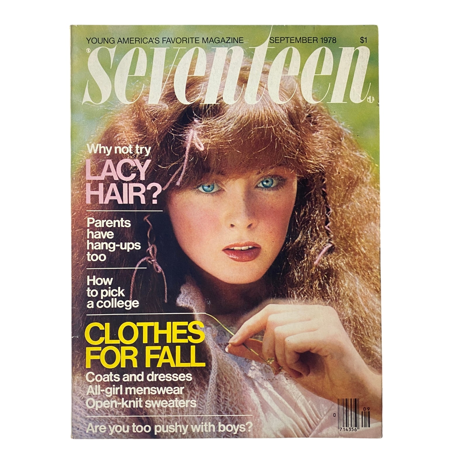 Cover of Seventeen Magazine, September 1978, featuring the title 'Why Not Try Lacy Hair?', an article about college advice, and fall fashion trends. The cover showcases a model with striking blue eyes and flowing hair.