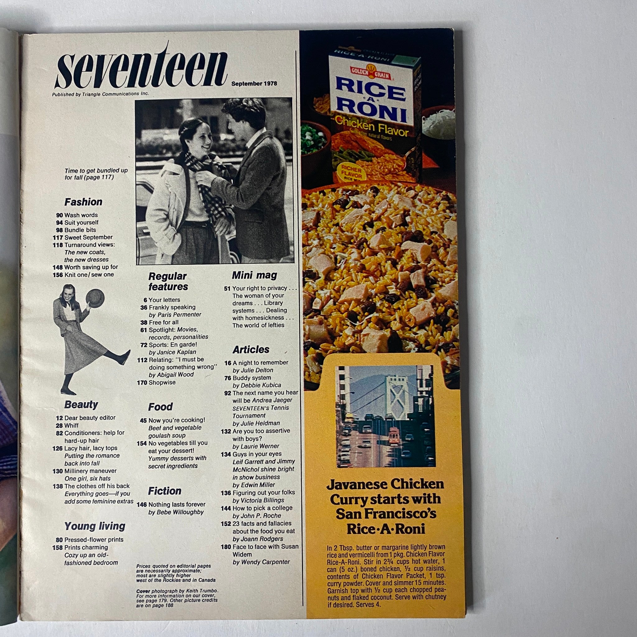 Inside page of Seventeen Magazine, September 1978, displaying the table of contents. The page includes various sections such as Fashion, Articles, and Beauty, providing an overview of the magazine's features and highlights.
