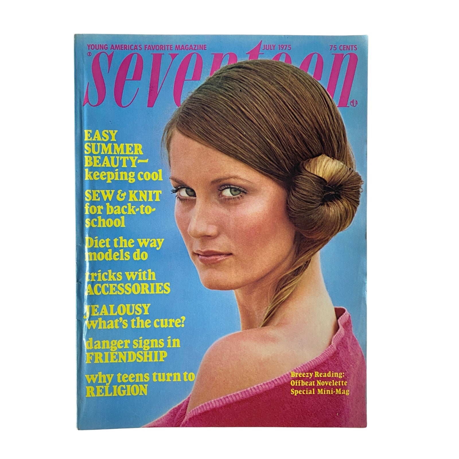 Cover of Seventeen Magazine July 1975 featuring the title "Easy Summer Beauty: Keeping Cool" alongside a profile image of a young woman with a twisted hairstyle, emphasizing summer style and beauty tips.