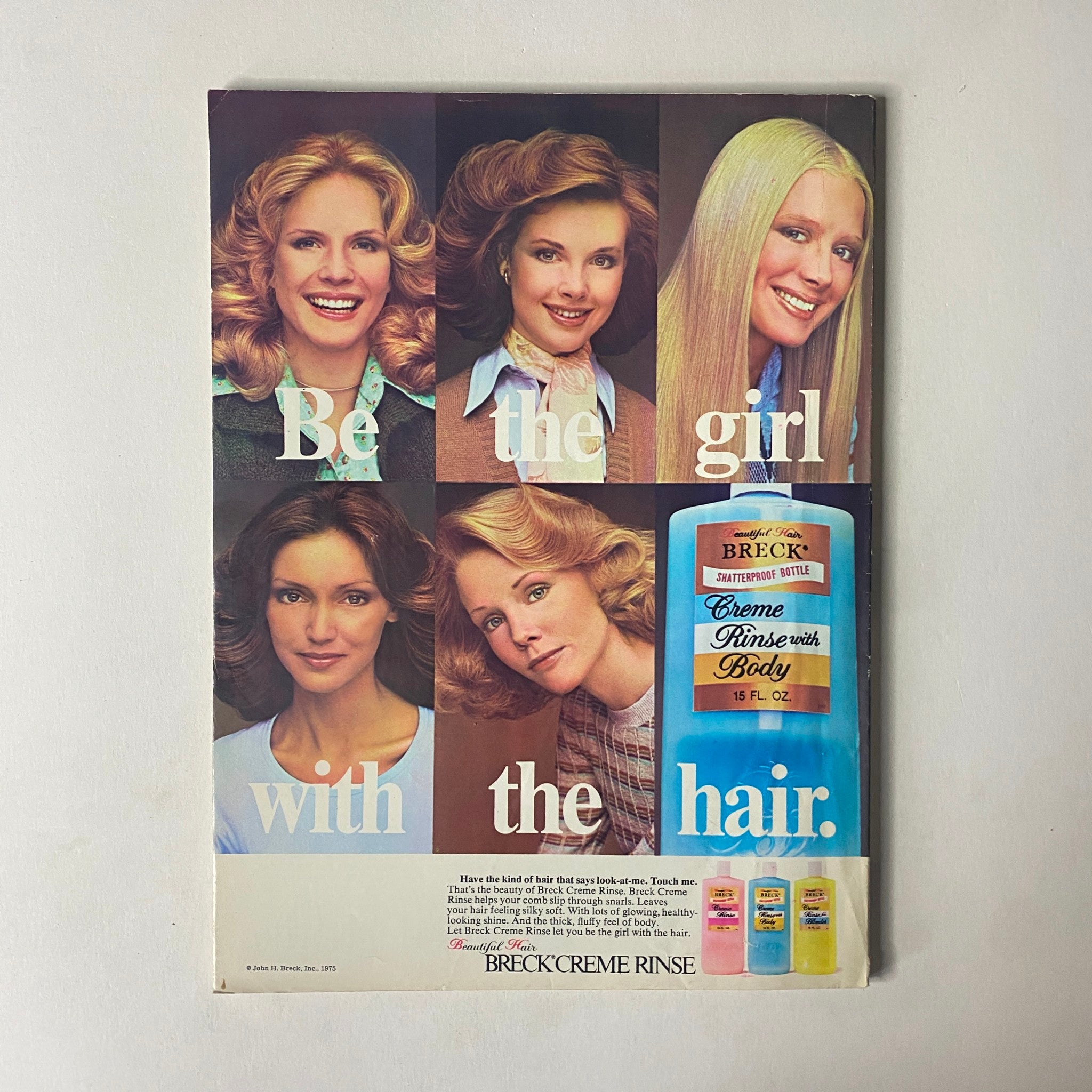 Ad page from Seventeen Magazine July 1975 featuring multiple women with different hairstyles, promoting Breck Creme Rinse, with the tagline "Be the girl with the hair".