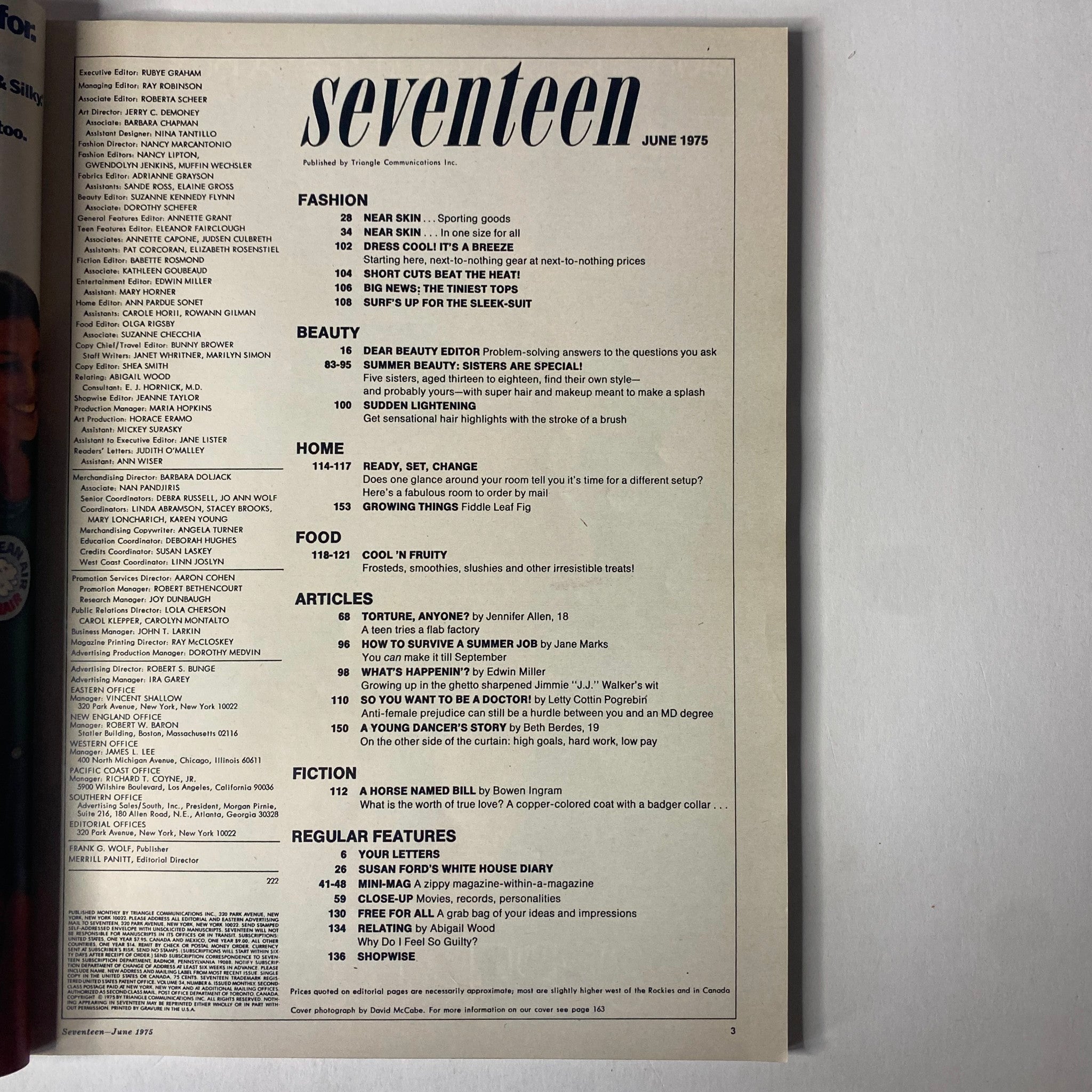 Contents page of Seventeen Magazine June 1975 listing diverse sections including fashion, beauty, articles, and regular features, reflecting the cultural insights of the time.