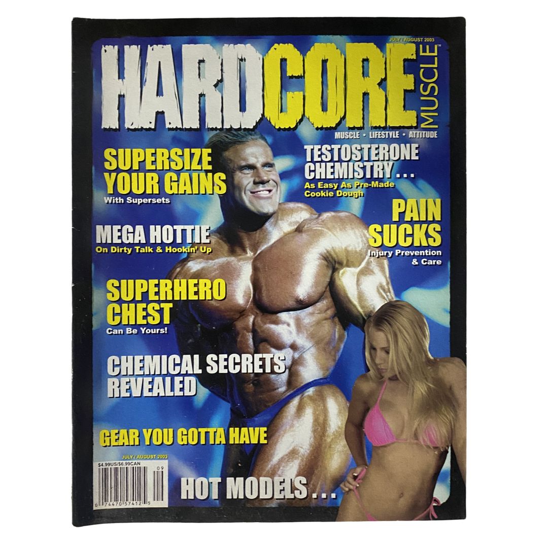 Hardcore Muscle Magazine July/August 2003 featuring bodybuilder Jay Cutler on the cover, showcasing articles on bodybuilding, fitness, and the culture of the early 2000s.