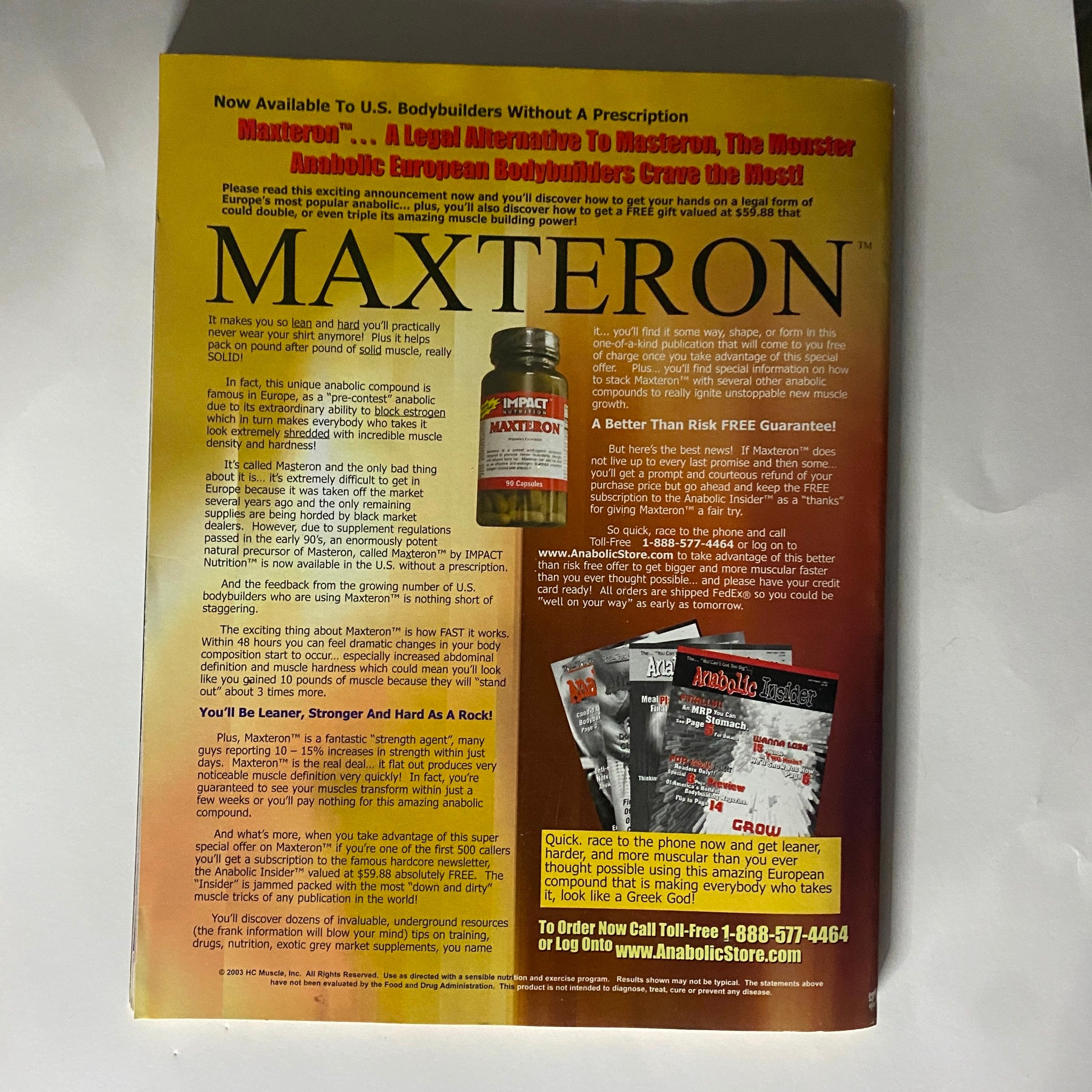 Back cover of Hardcore Muscle Magazine July/August 2003 with an advertisement for Maxteron, promoting bodybuilding enhancements and fitness products.