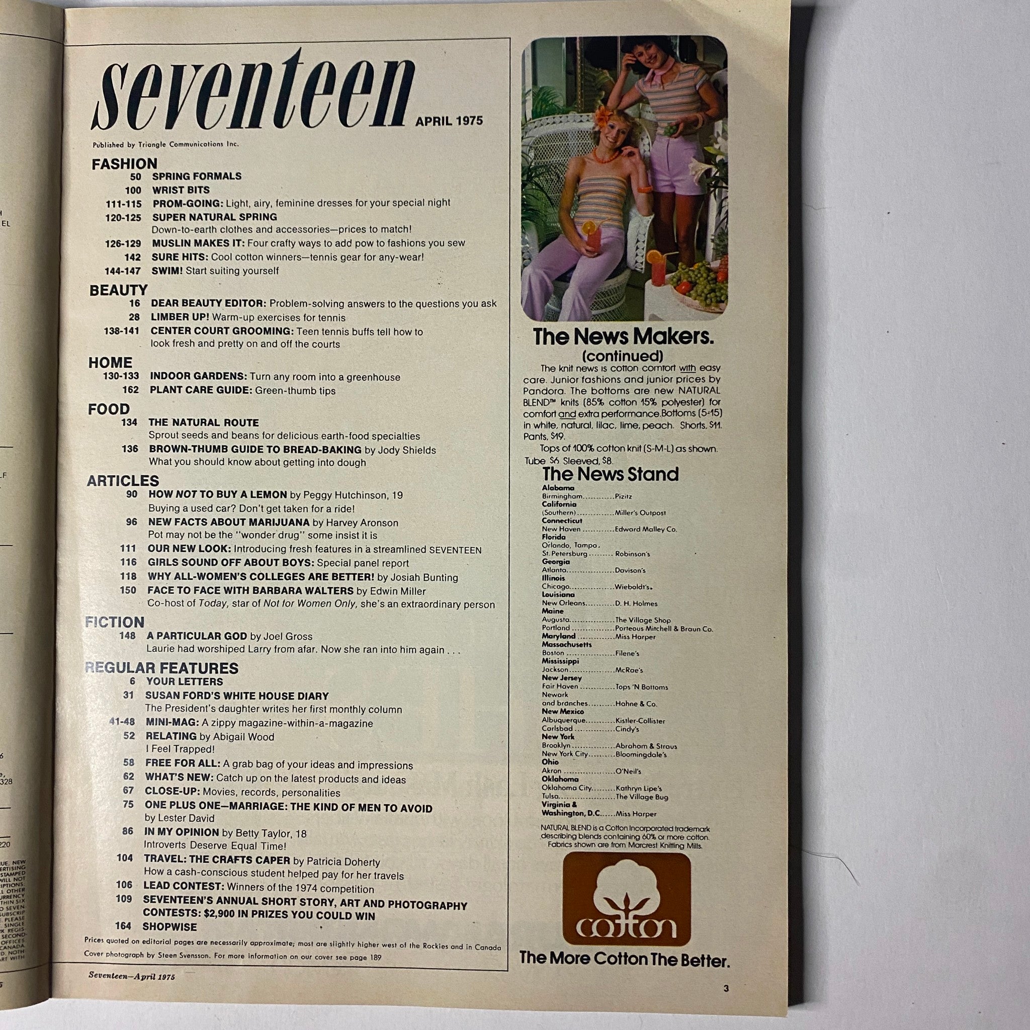 Seventeen Magazine April 1975 contents page showcasing articles including Susan Ford's White House Diary and beauty tips.