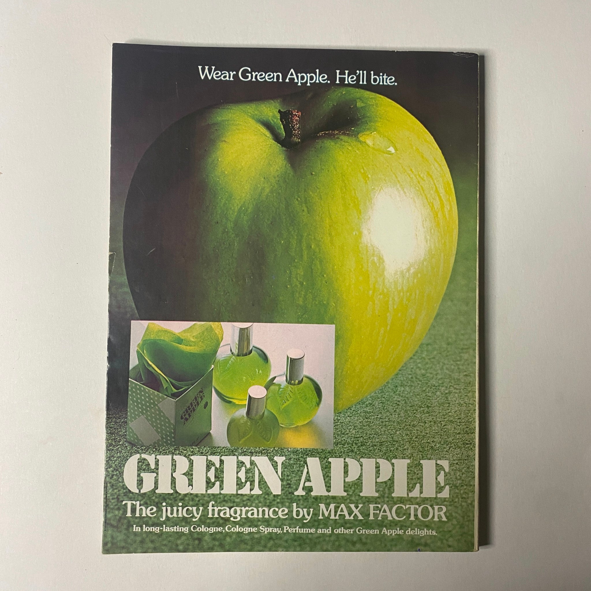 Advertisement for Green Apple fragrance by Max Factor in Seventeen Magazine April 1975.