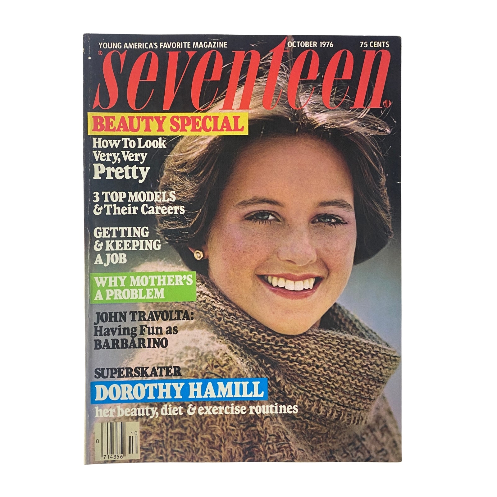 Seventeen Magazine cover from October 1976 featuring Olympic figure skater Dorothy Hamill, showcasing her beauty and lifestyle with articles on beauty tips, modeling careers, and teen issues.