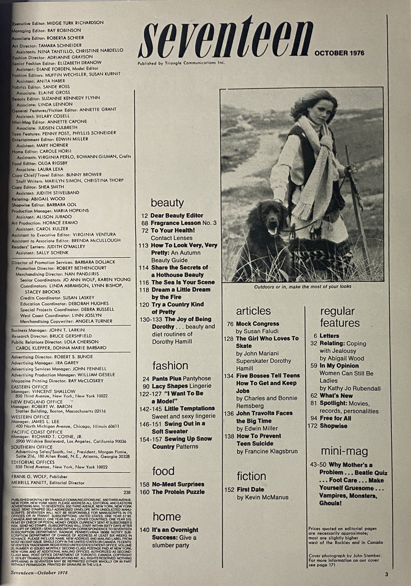 Inside page of Seventeen Magazine October 1976 displaying the Table of Contents, highlighting articles including Dorothy Hamill's beauty routines and various teen-related topics.