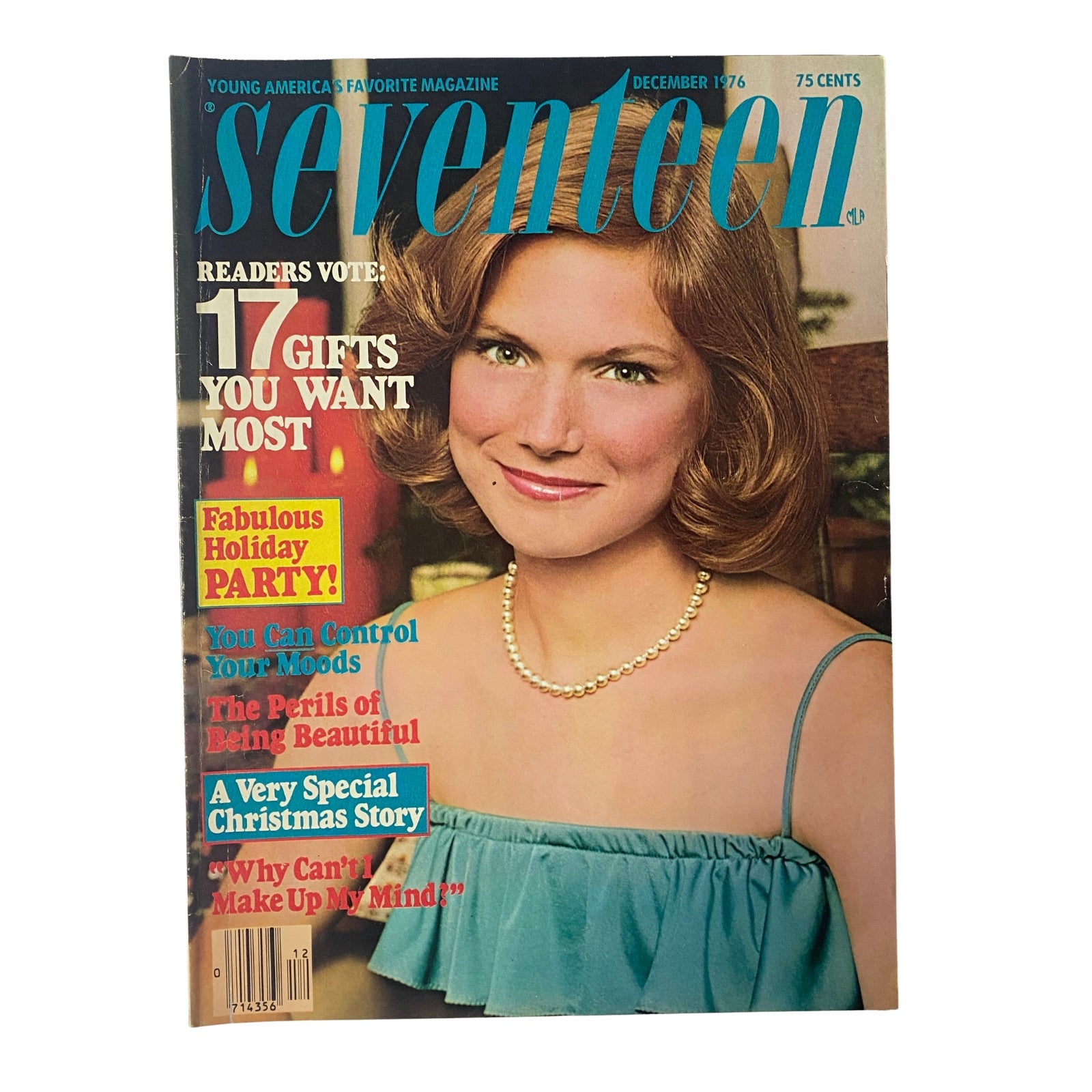 Seventeen Magazine December 1976 cover featuring a young woman with blonde hair and a pearl necklace, promoting articles like '17 Gifts You Want Most' and seasonal festivities.