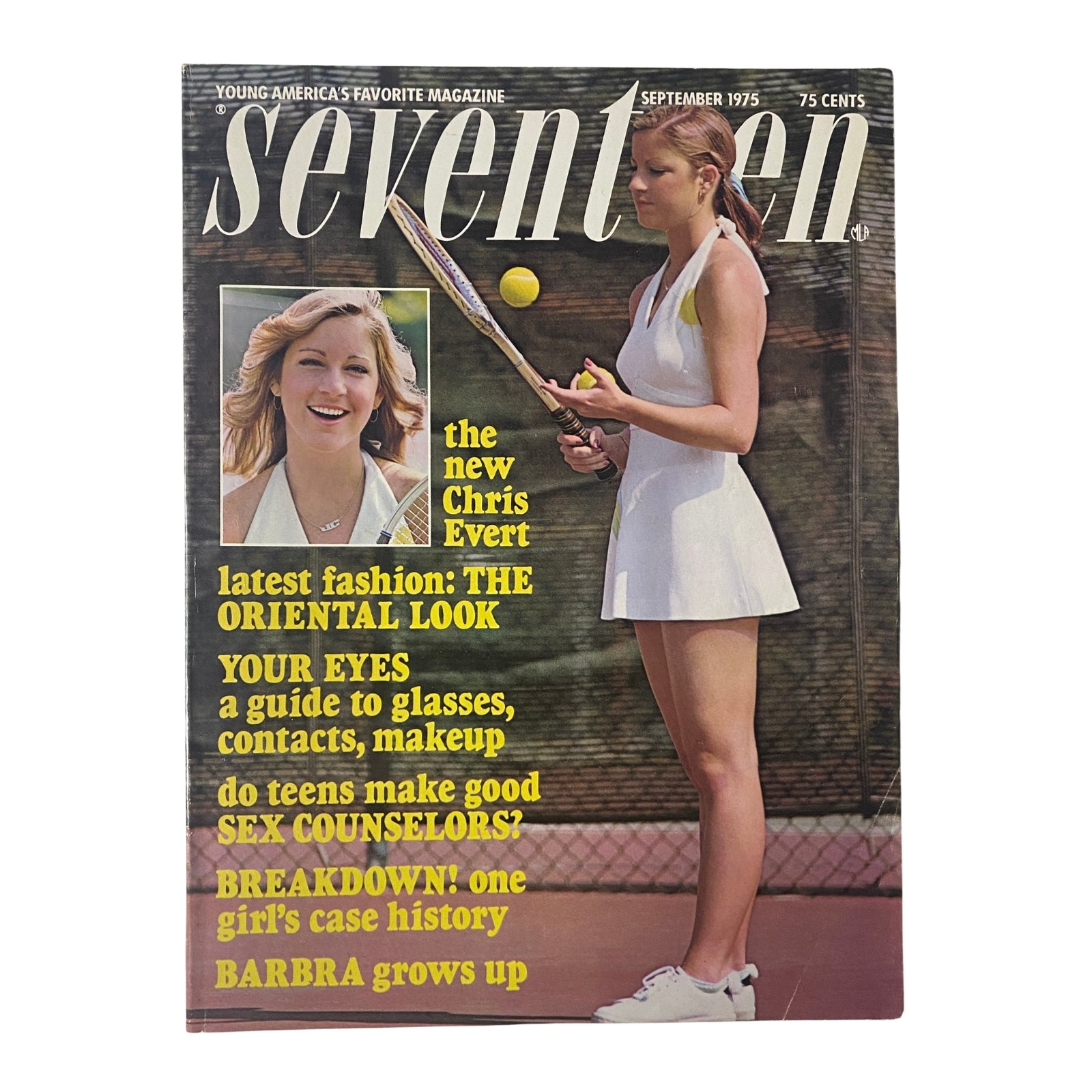 Cover of Seventeen Magazine September 1975 featuring tennis champion Chris Evert, showcasing fashion highlights and articles, with vibrant colors and bold text.