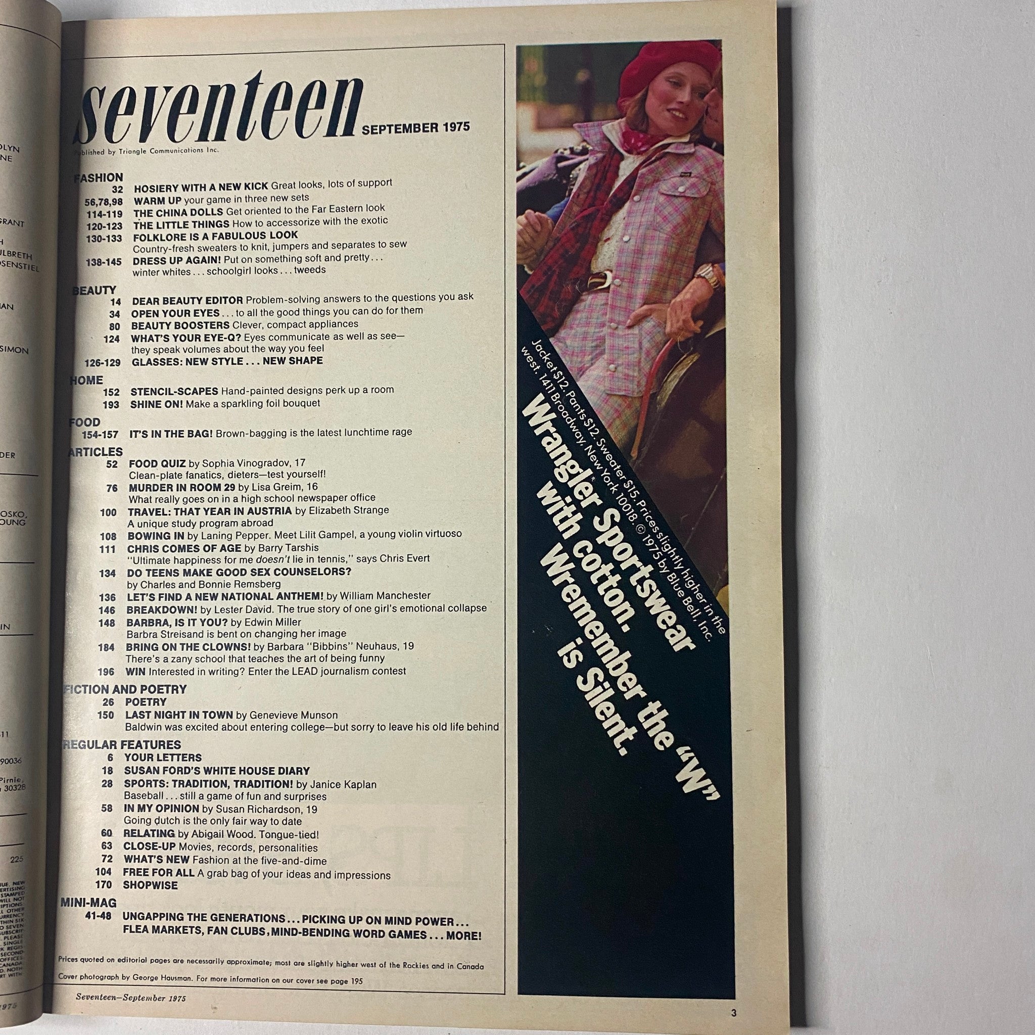 Interior page of Seventeen Magazine September 1975 displaying fashion and beauty content, alongside headlines and features tailored for teenage readers.