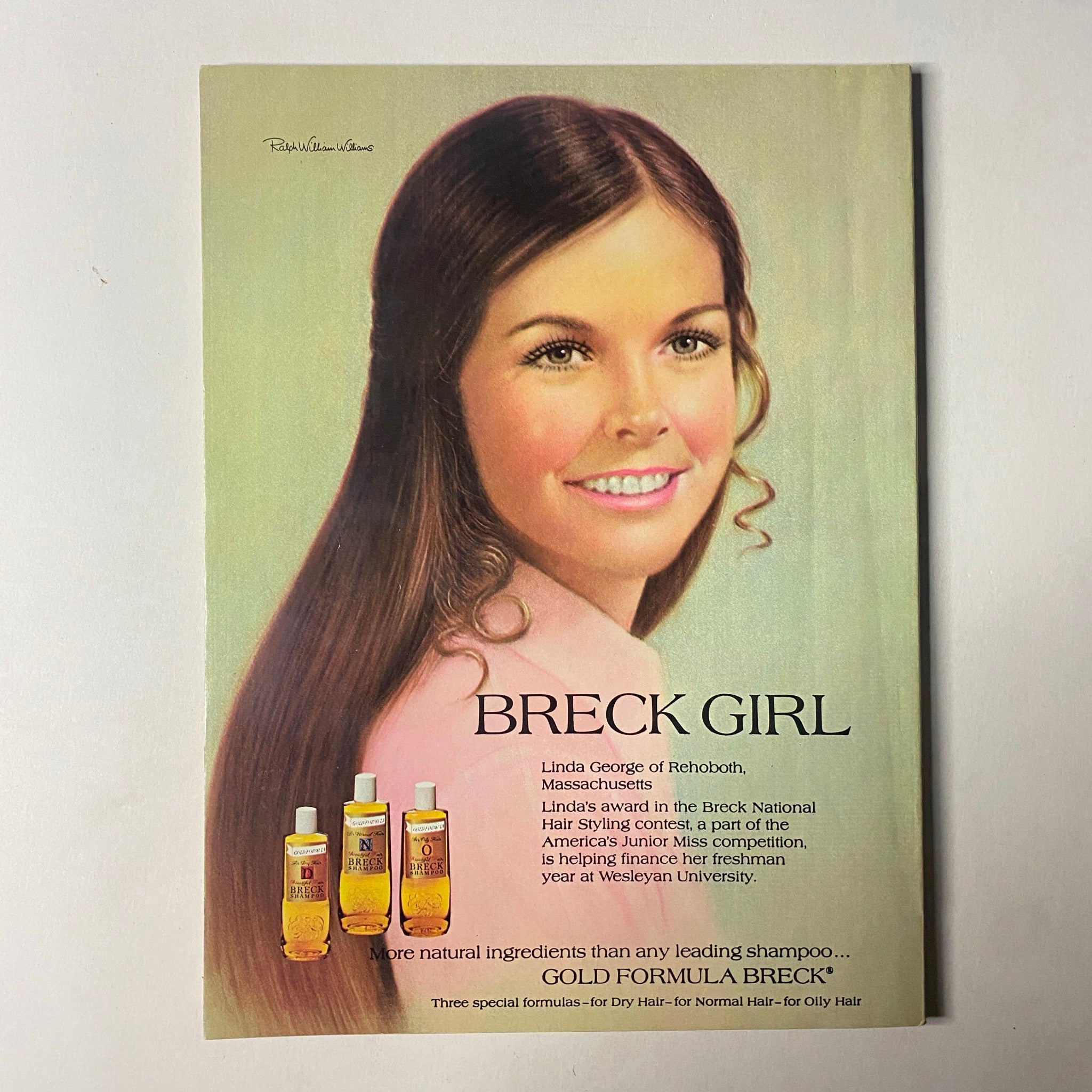 Vintage advertisement featuring the Breck Girl from the Breck National Hair Styling Contest, promoting Gold Formula Breck shampoo, highlighting natural ingredients for hair care.