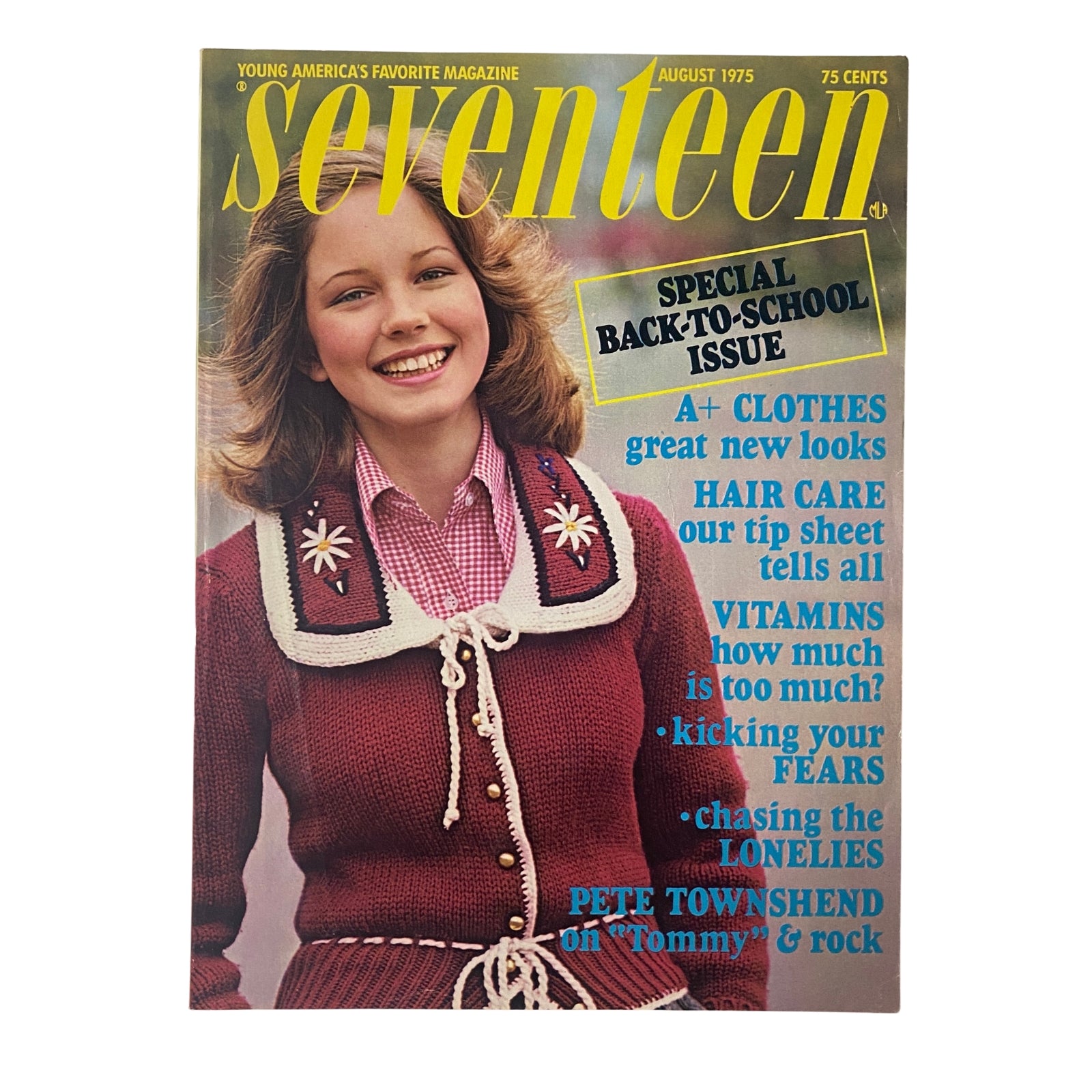 Cover of Seventeen Magazine August 1975 Special Back-to-School Issue featuring a smiling girl in a sweater, showcasing back-to-school clothing and style.
