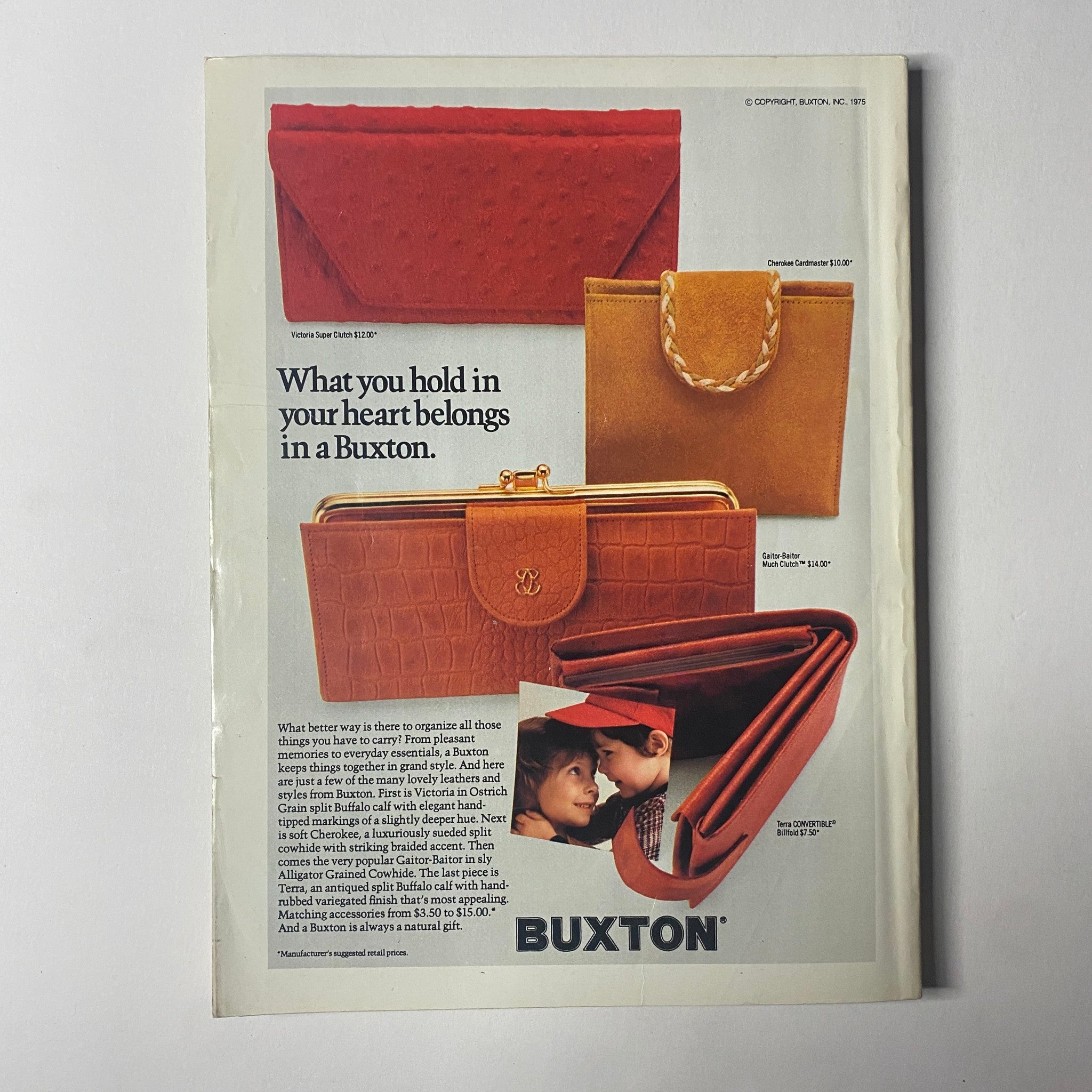 Advertisement from Seventeen Magazine August 1975 Special Back-to-School Issue promoting Buxton, featuring wallet designs and styles.