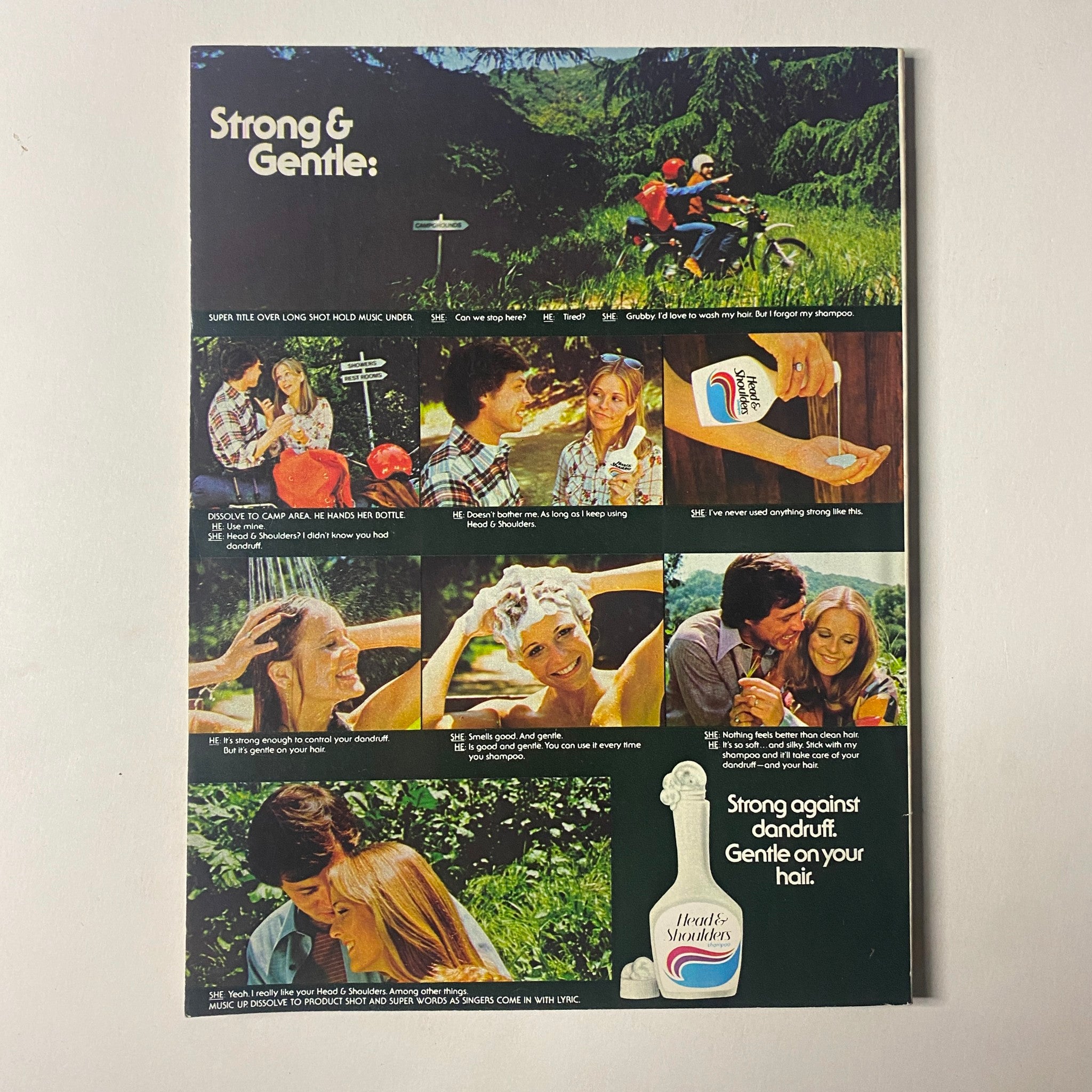 Back cover of Seventeen Magazine June 1976 Summer Beauty Issue illustrating a hair care advertisement for a product claimed to be strong against dandruff while being gentle on hair, featuring various models enjoying outdoor activities.